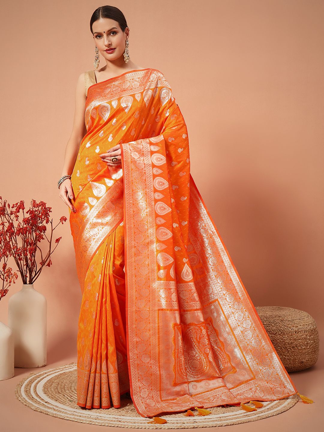 

SWAMI STUDIO Ethnic Motifs Woven Design Zari Pure Silk Banarasi Saree, Orange