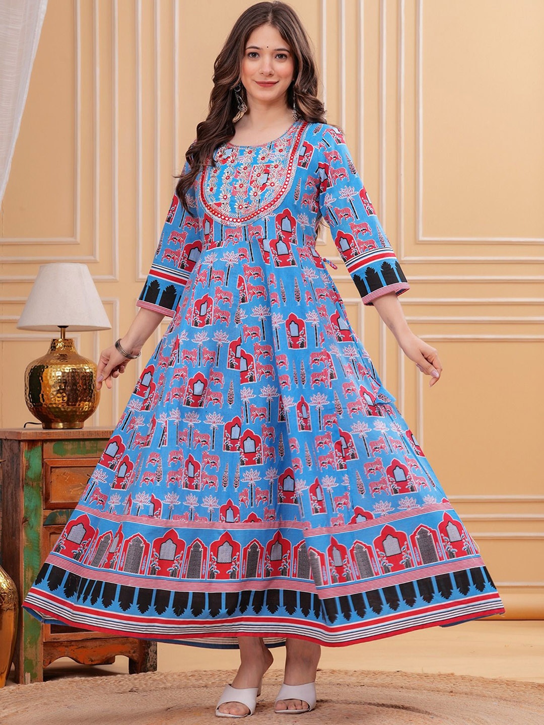 

PARTHVI Ethnic Motifs Printed Embellished Empire Pure Cotton Maxi Ethnic Dresses, Blue