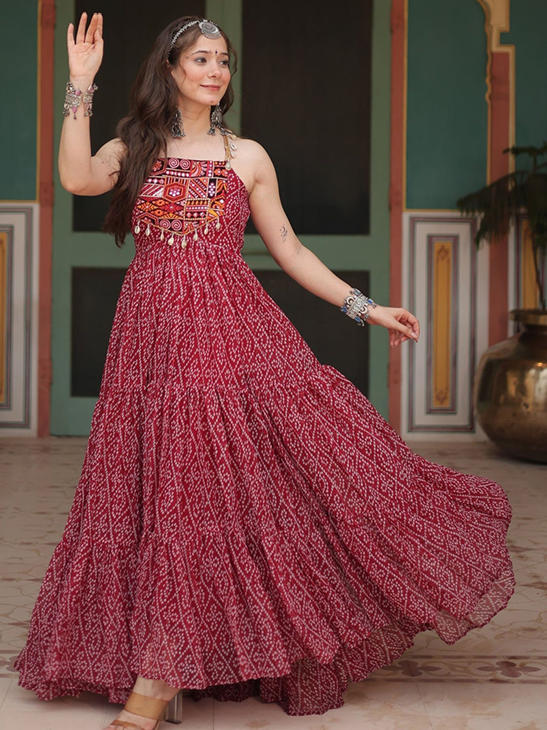 

Fusionic Women Bandhani Printed Shoulder Straps Maxi Gown, Maroon