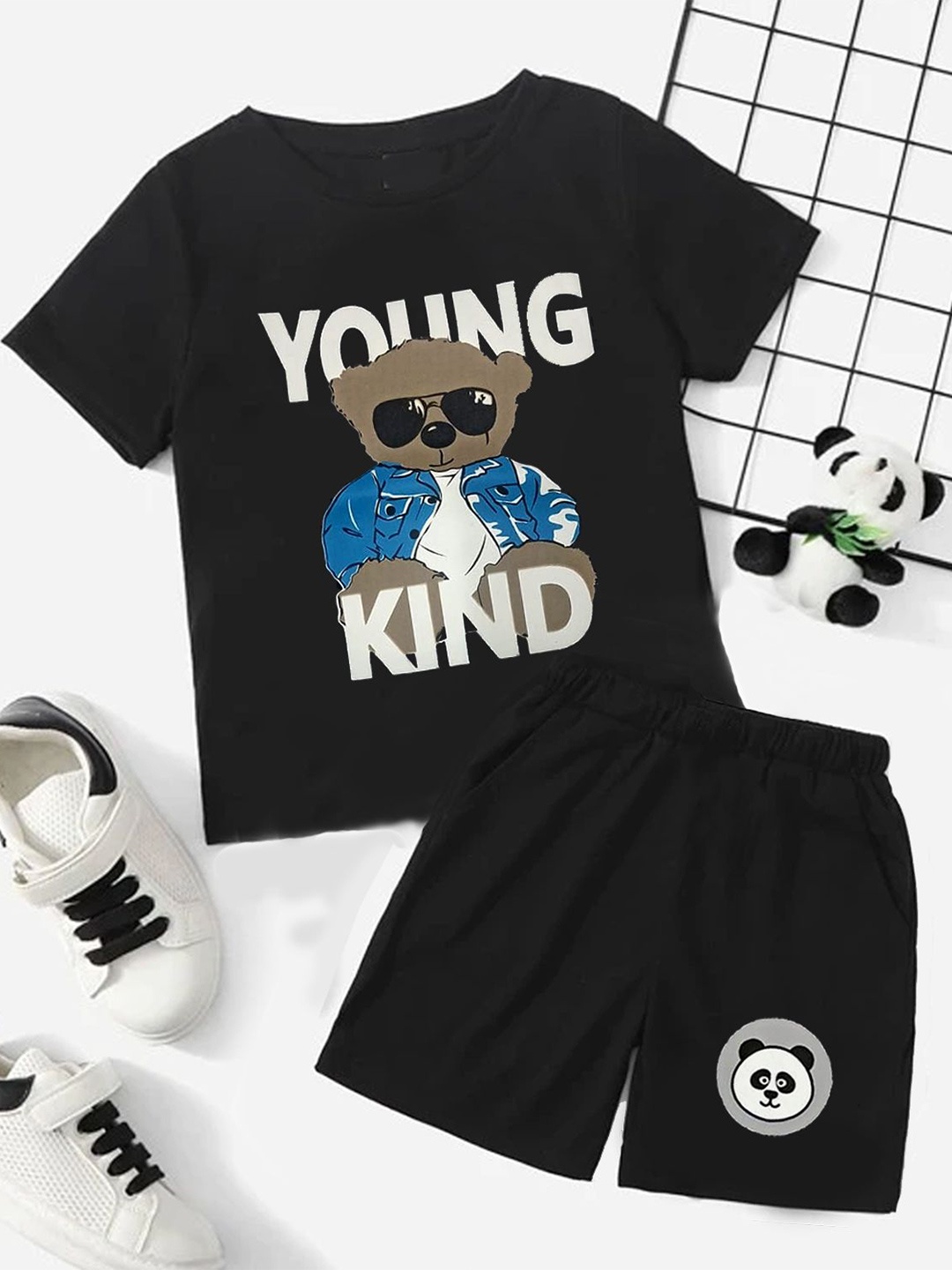 

BILLYBALL Kids Printed Round Neck Pure Cotton T-Shirt With Shorts, Black