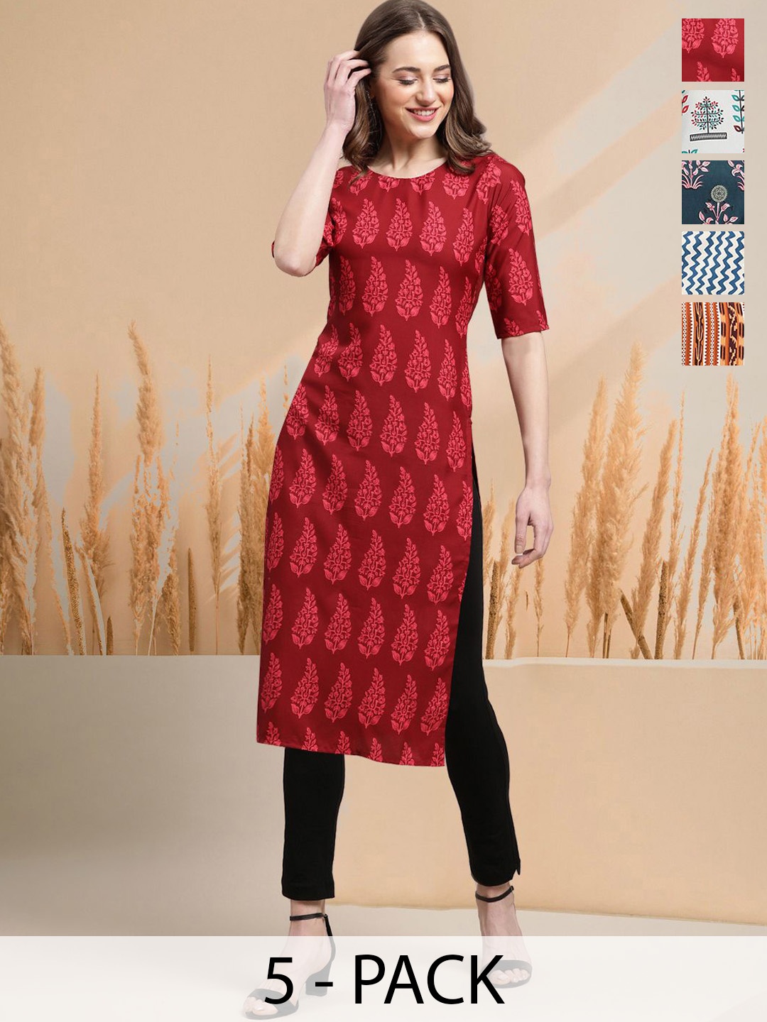 

7Threads Selection Of 5 Floral Printed Round Neck Straight Kurtas, Red