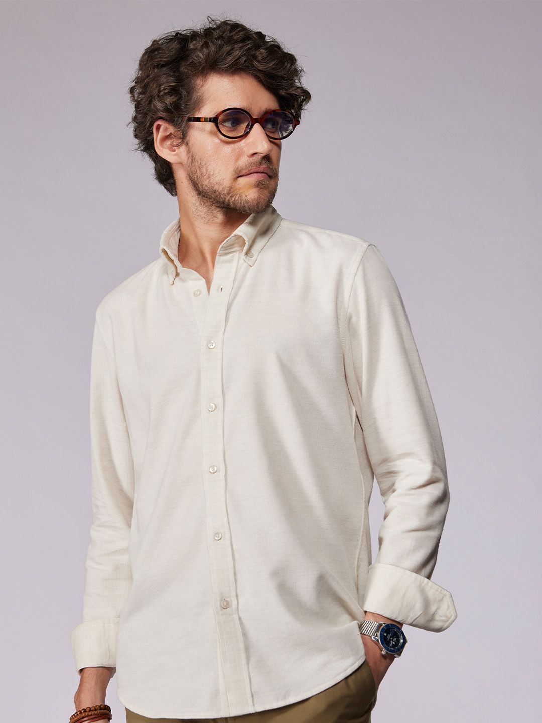 

Bombay Shirt Company Men Custom Tailored Fit Button-Down Collar Solid Cotton Casual Shirt, Beige
