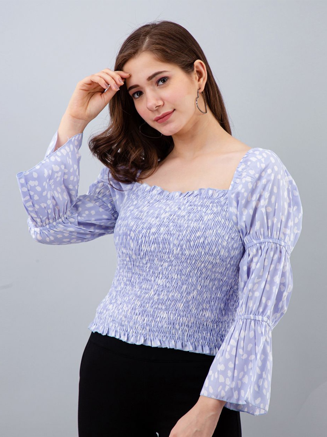 

DressBerry Print Bell Sleeve Crepe Top, Blue