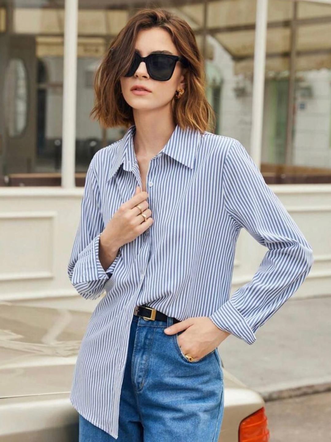 

Just Fab Women Standard Slim Fit Spread Collar Vertical Striped Cotton Casual Shirt, Blue