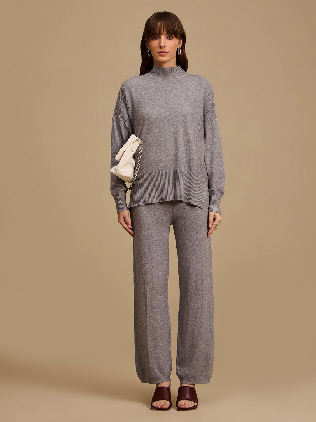 

Kazo High Neck Long Sleeves Knitted Winter Sweatshirt With Trousers, Grey
