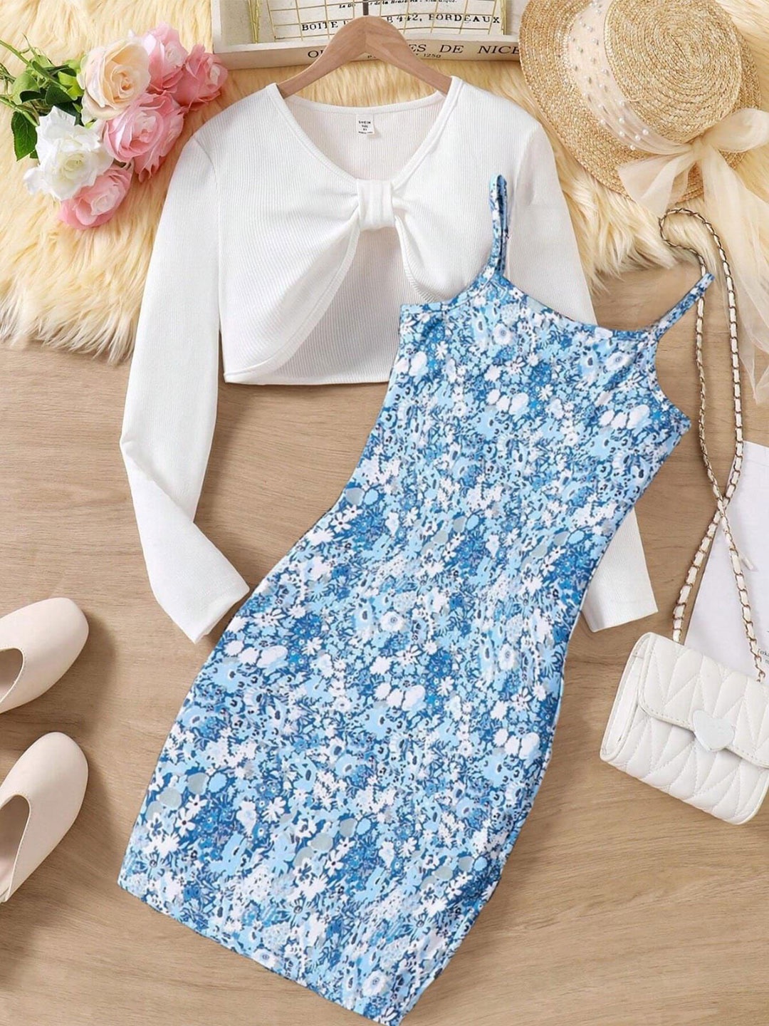 

BAESD Girls Floral Printed Bodycon Shoulder Straps Maxi Dress, Blue