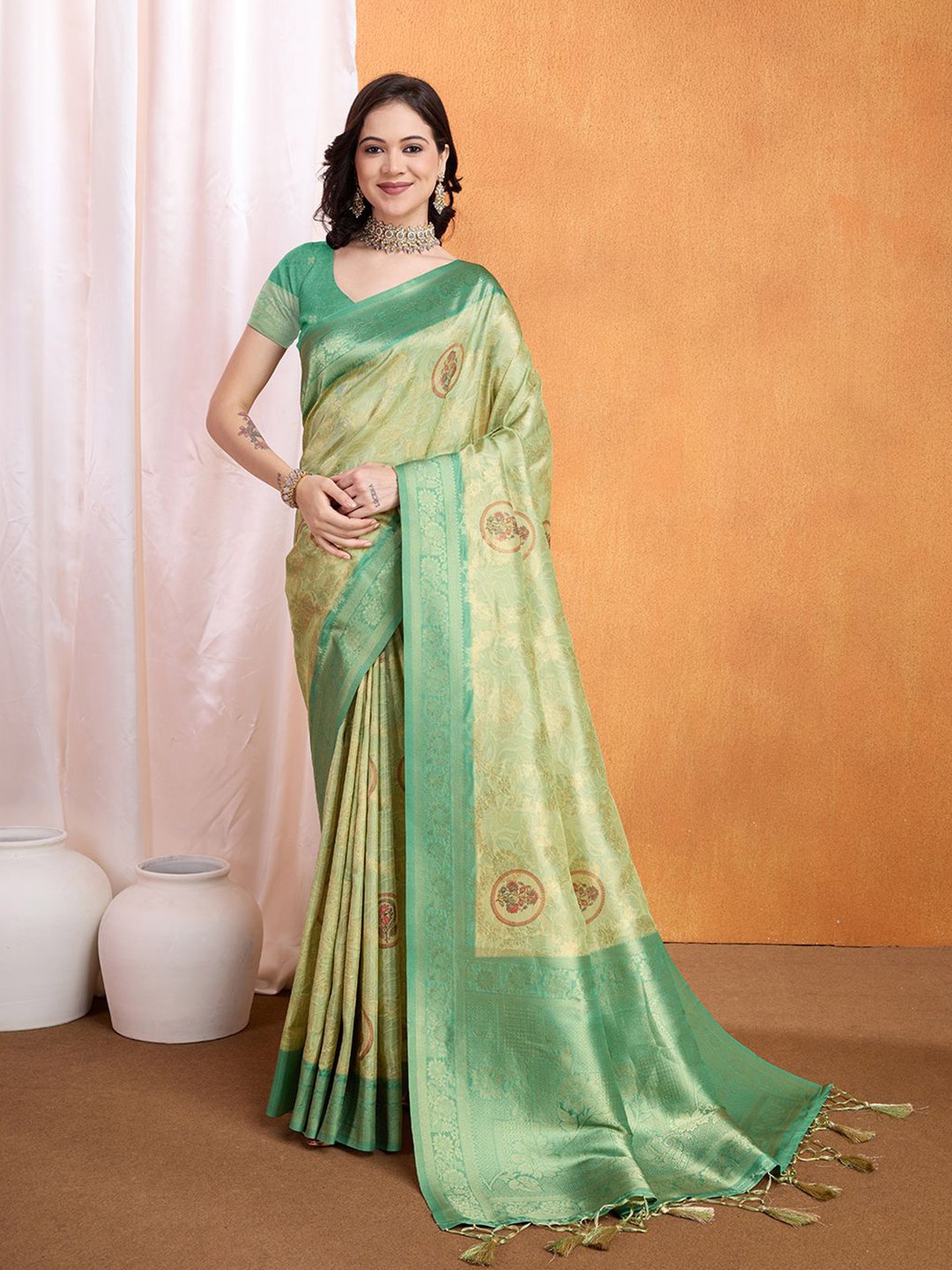 

Mitera Floral Woven Design Zari Banarasi Saree, Green