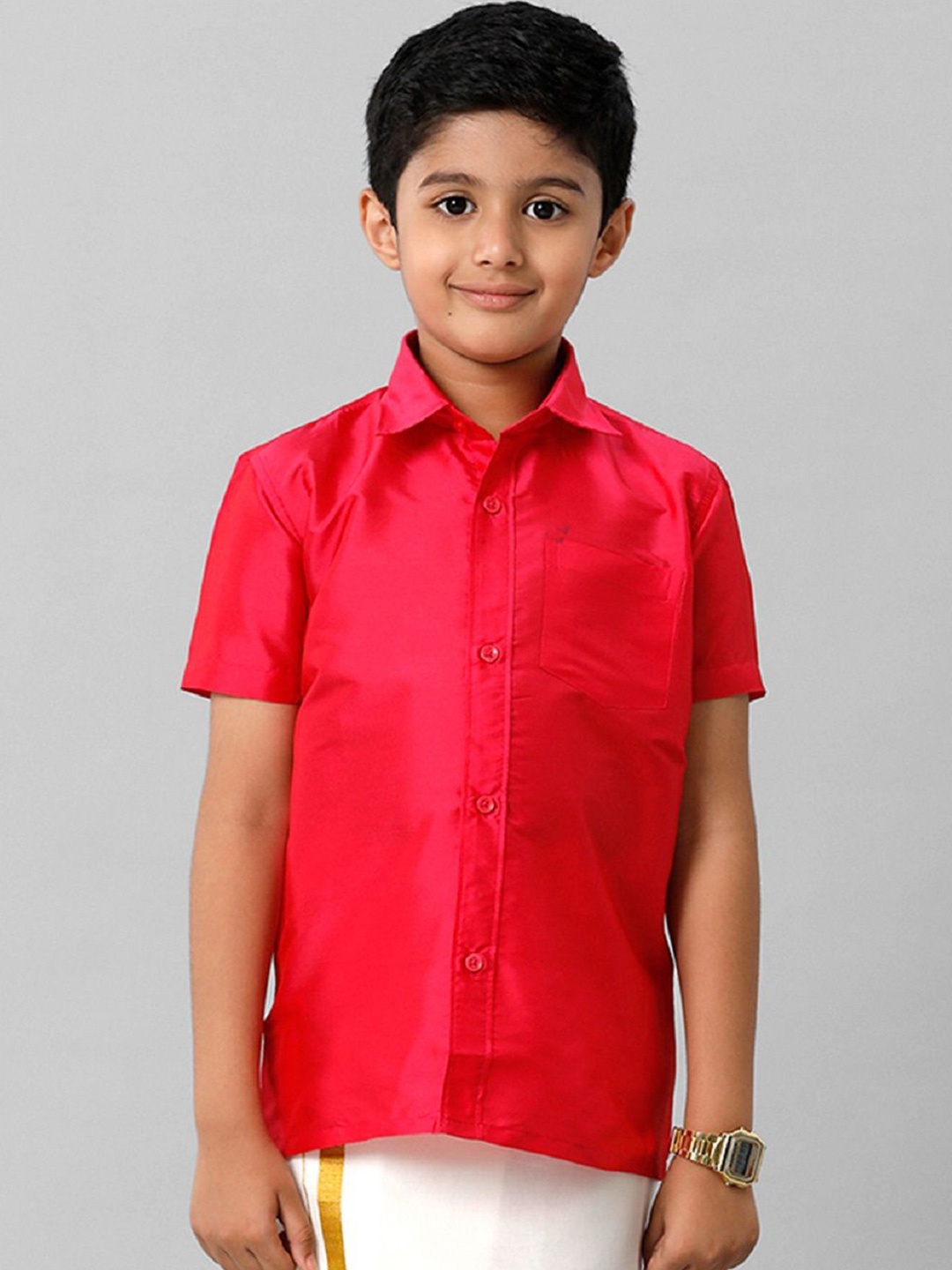 

Ramraj Boys Solid Short Sleeve Shirt With Chest Pocket, Pink