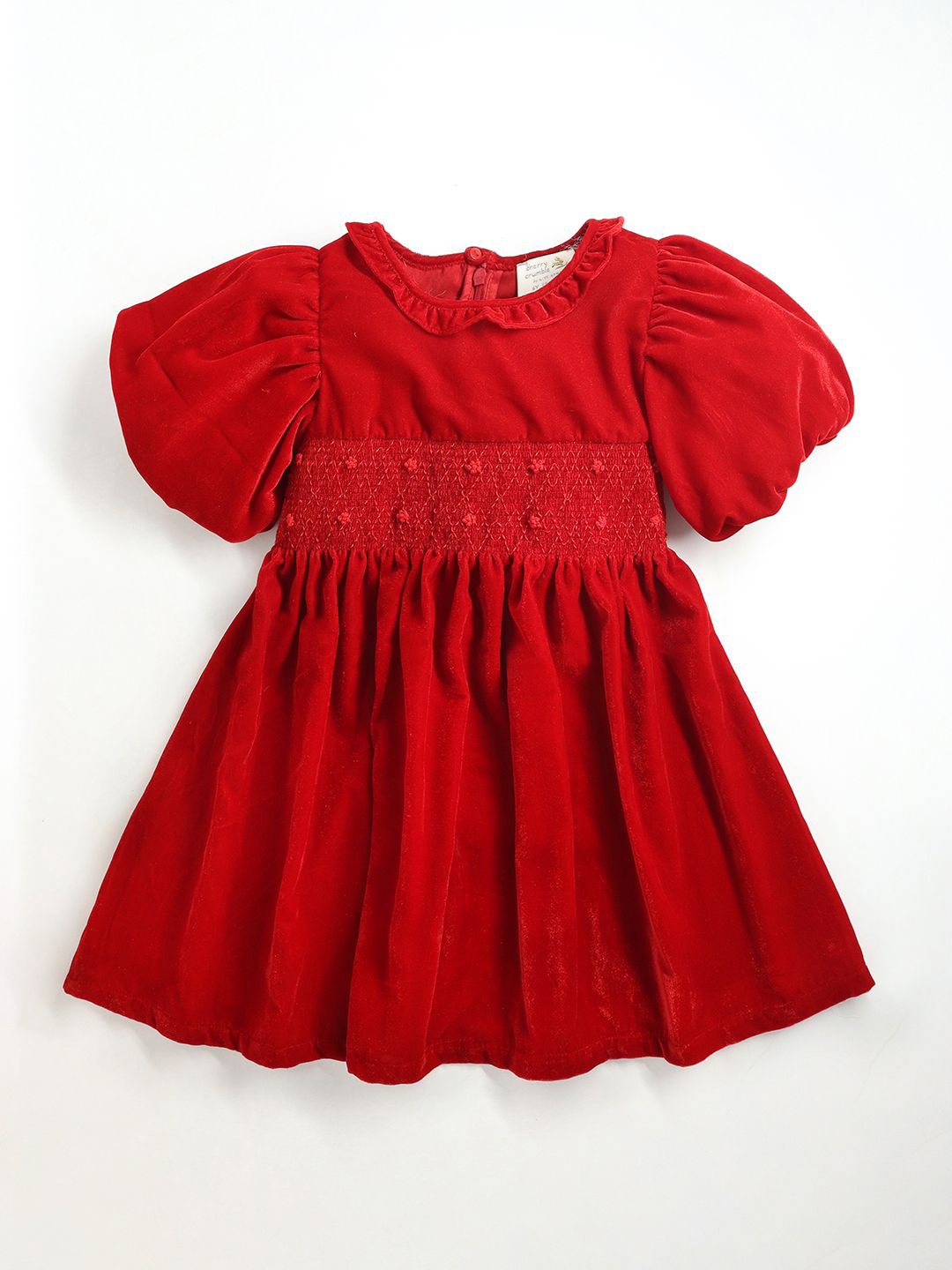 

Cherry Crumble Girls Embroidered Puff Sleeve Velvet Fit & Flare Dress, Red