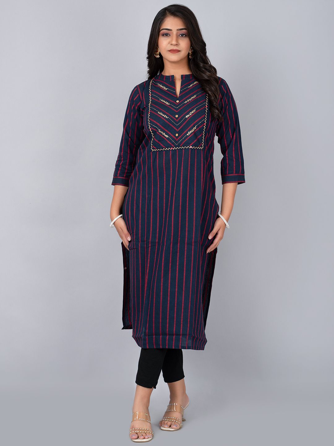 

TRIVEDI Women Striped Mandarin Collar Cotton Kurta, Navy blue