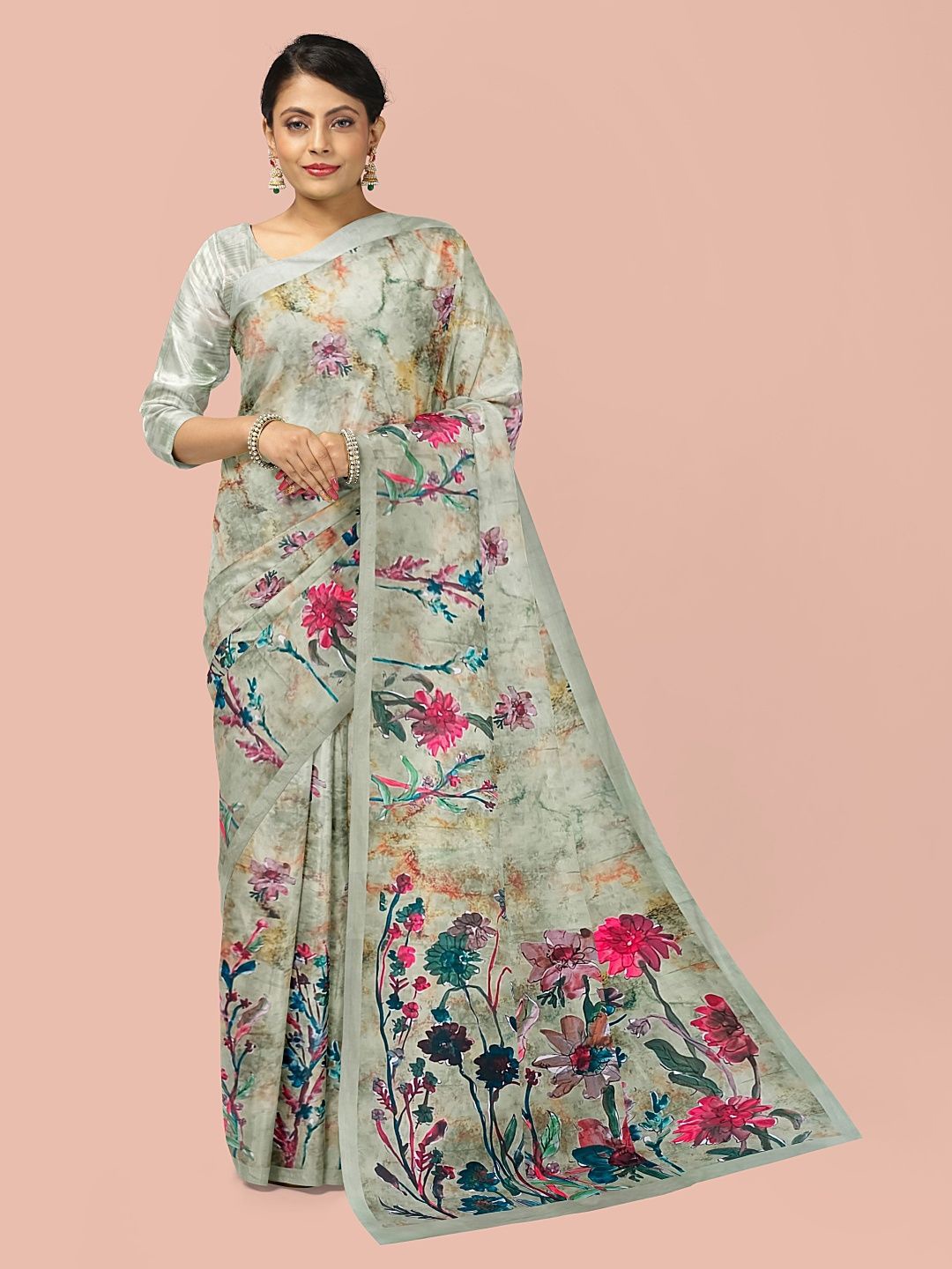 

Avyay Creation Floral Printed Saree With Printed Blouse Piece, Grey