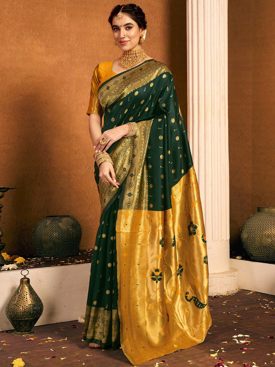 

KALINI Woven Design Zari Paithani Saree, Green