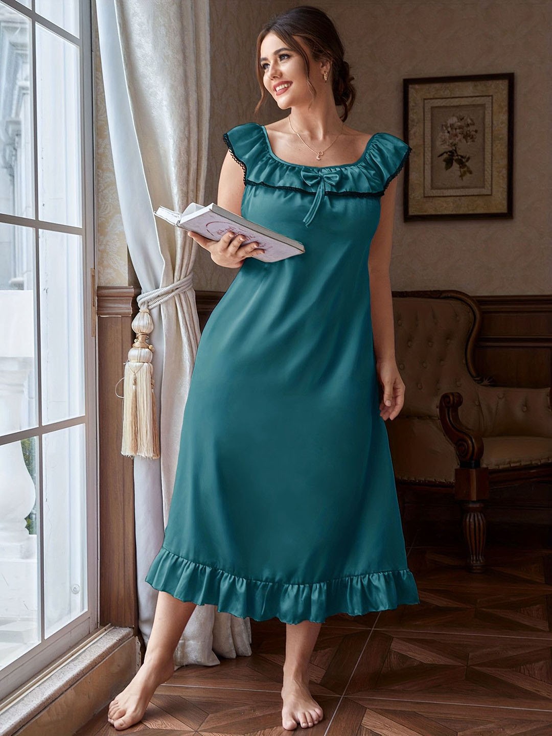 

ETC Round Neck Bow Detail Sleeveless Frill Maxi Nightdress, Green