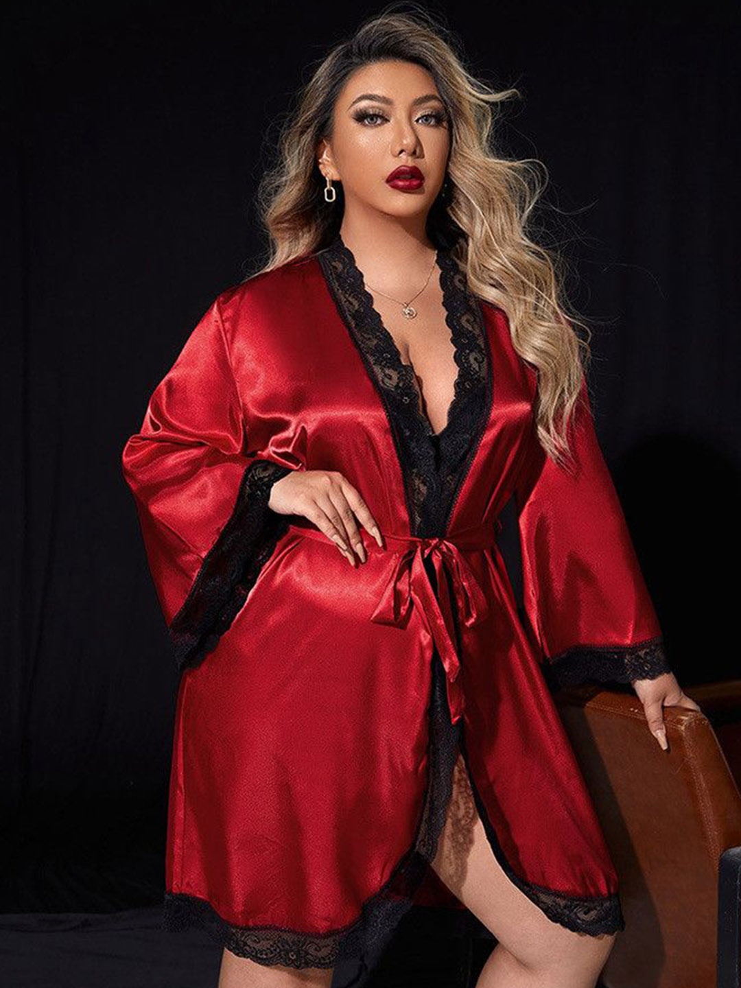 

ETC Lace Detail Robe Comes With Belt, Red