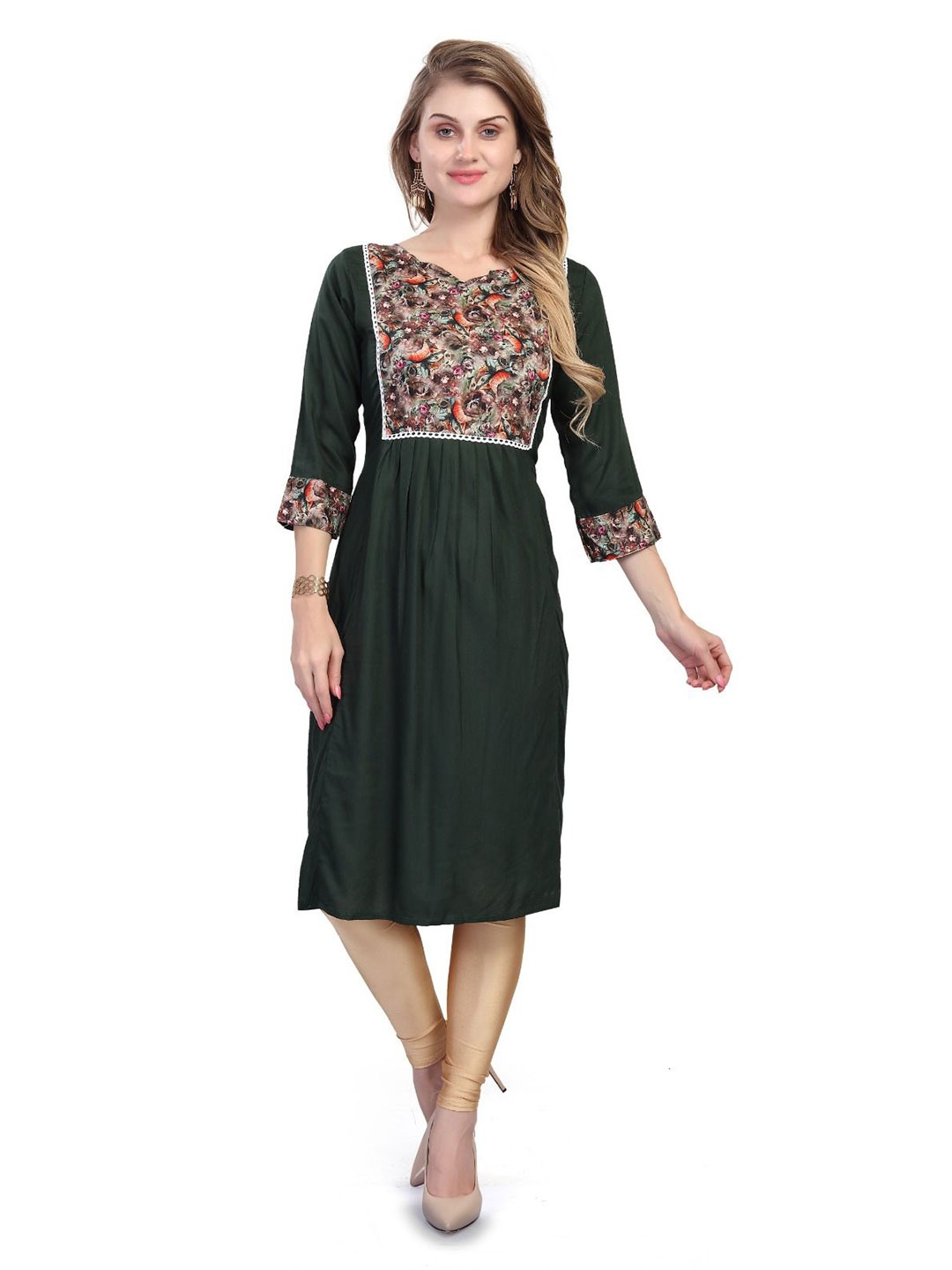 

Krimmple Women Abstract Printed A-Line Kurta, Green