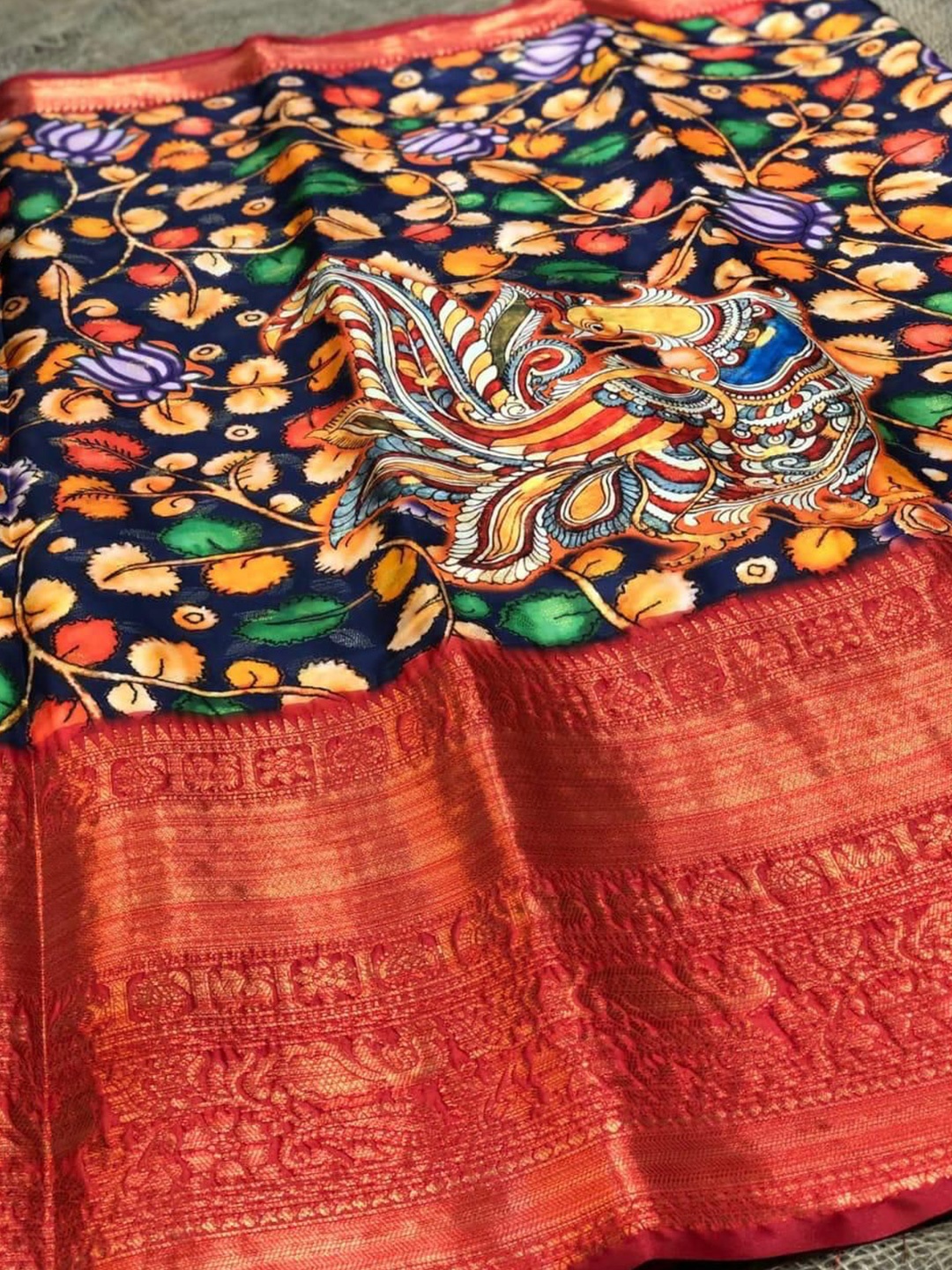 

ZIBLON Kalamkari Zari Kanjeevaram Saree, Blue