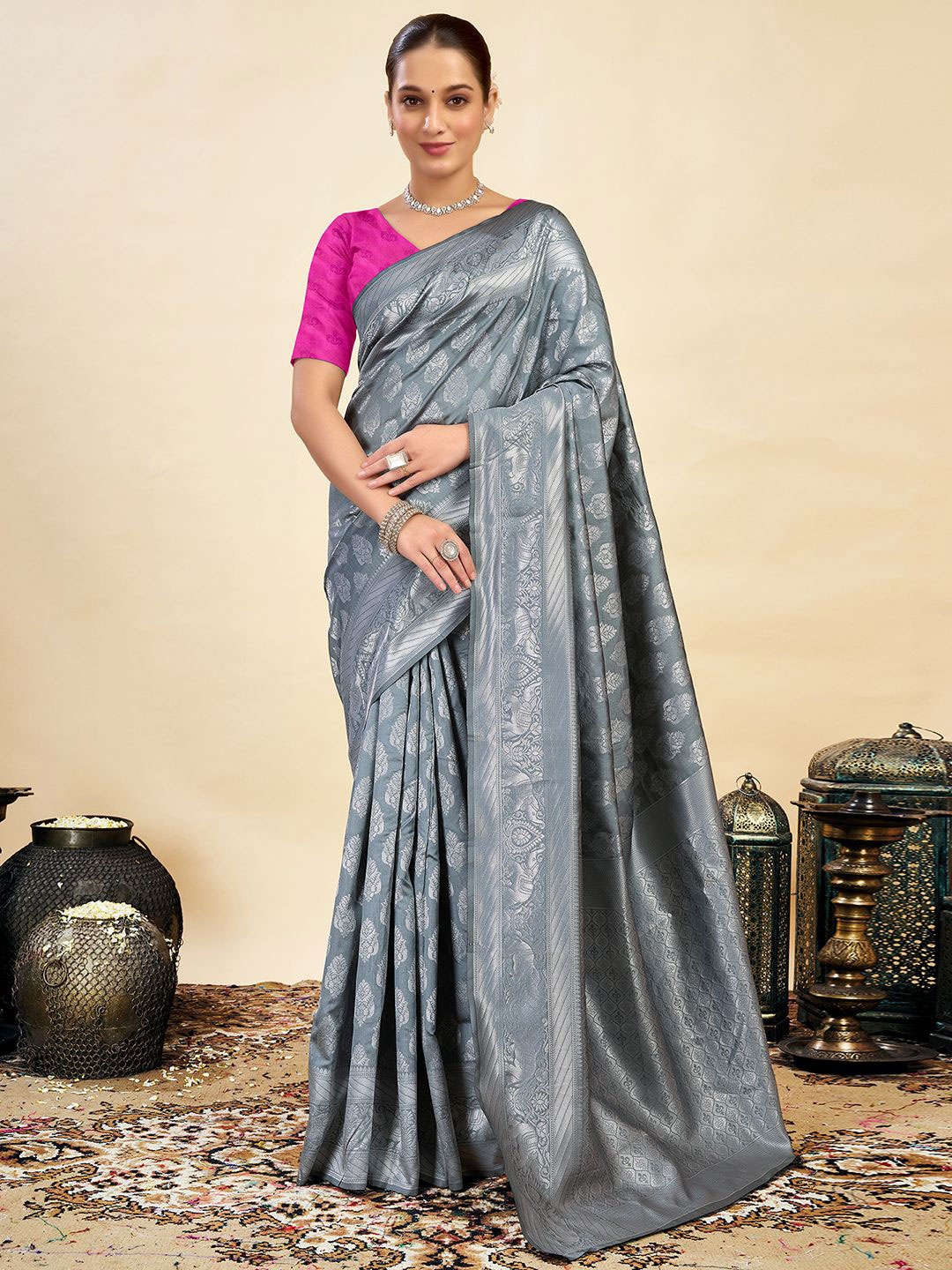 

KALINI Ethnic Motifs Zari Banarasi Saree, Grey