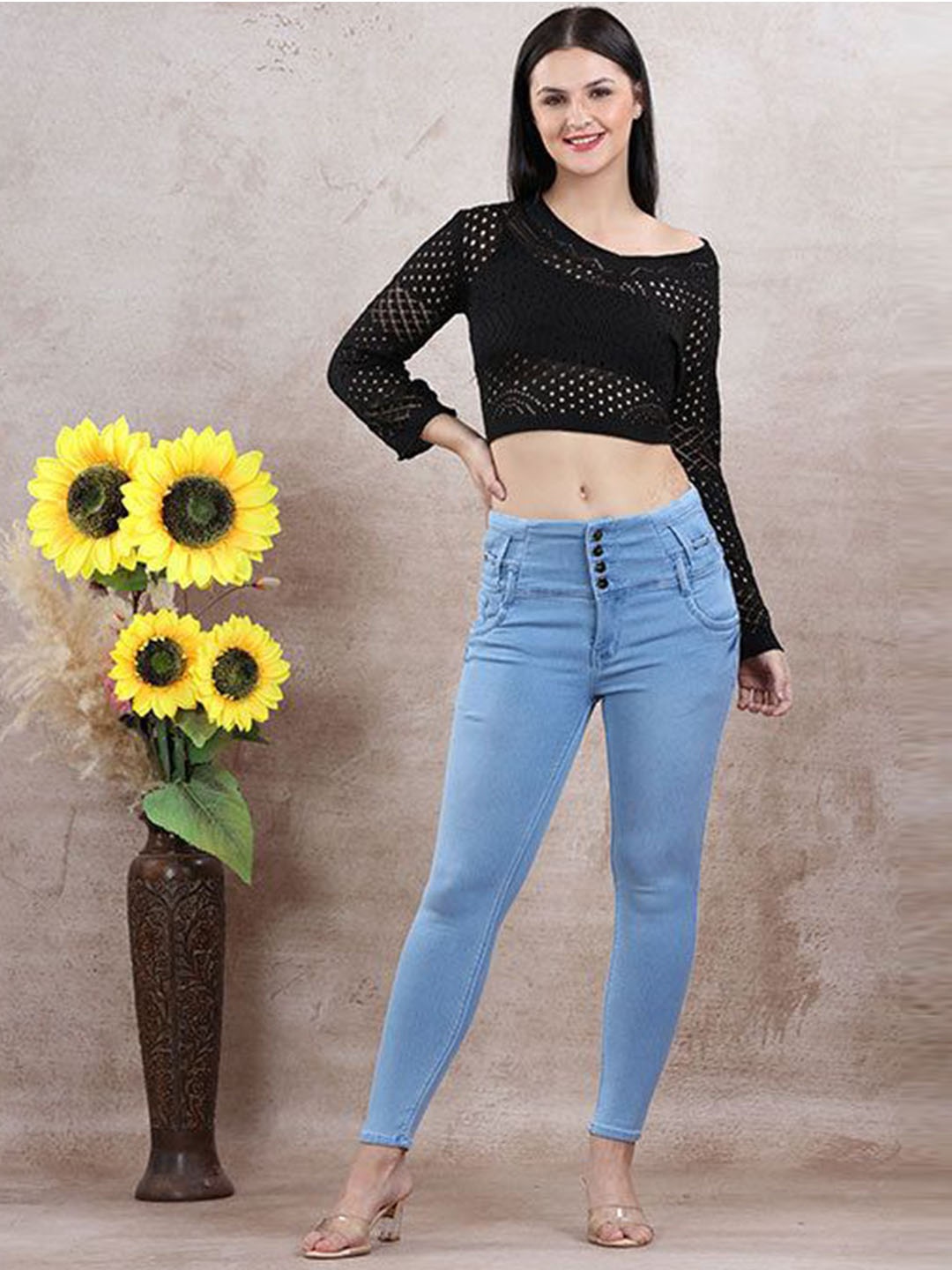 

FREYAA Women Skinny Fit Slash Knee Jeans, Blue