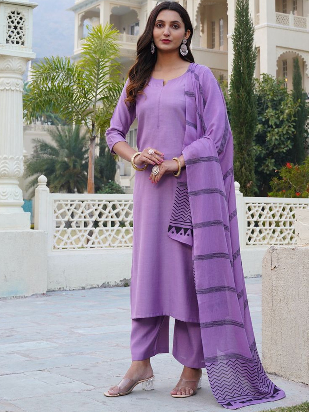 

Anni Designer Notch Neck Straight Kurta With Palazzos & Dupatta, Purple