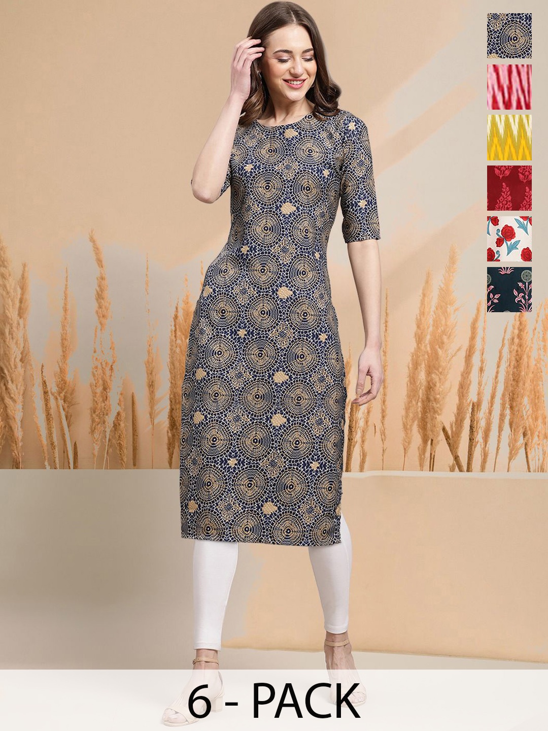 

7Threads Selection Of 6 Geometric Printed Round Neck Straight Kurtas, Navy blue