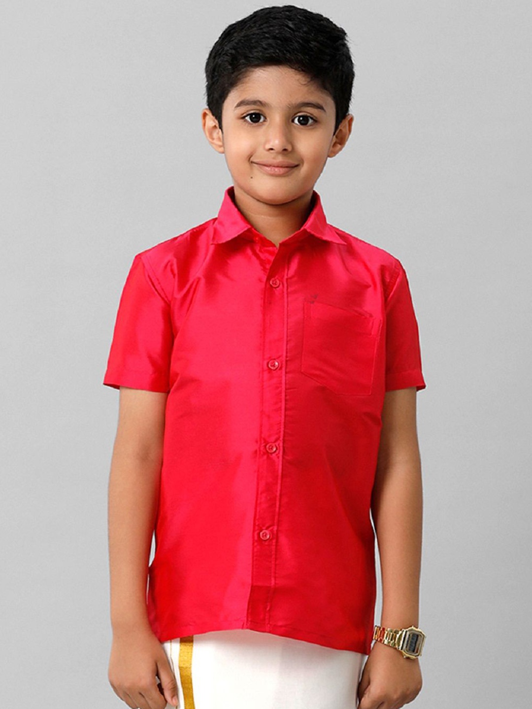 

Ramraj Boys Solid Short Sleeve Shirt With Chest Pocket, Pink