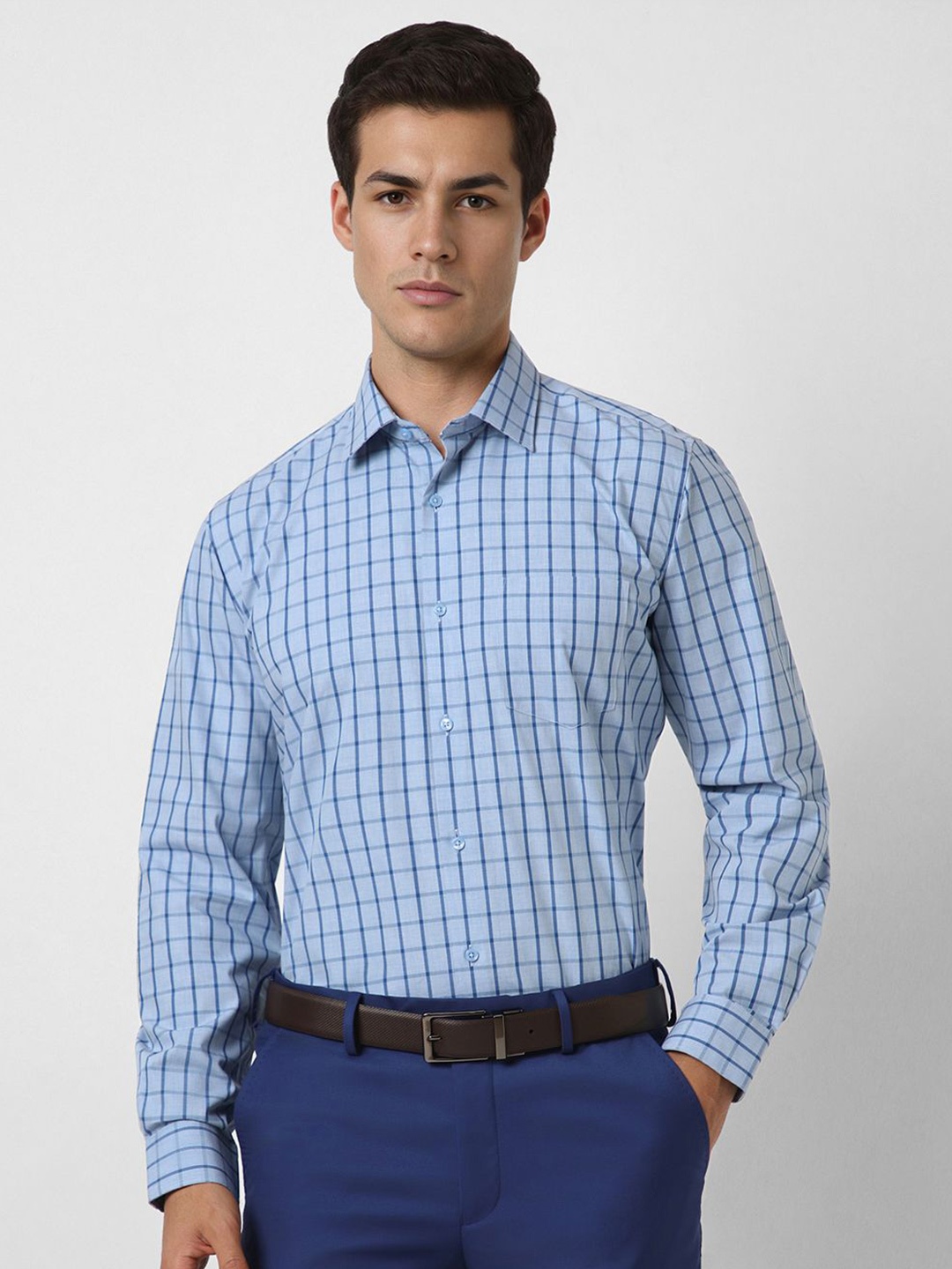 

Van Heusen Men Spread Collar Gingham Checked Cotton Formal Shirt, Blue