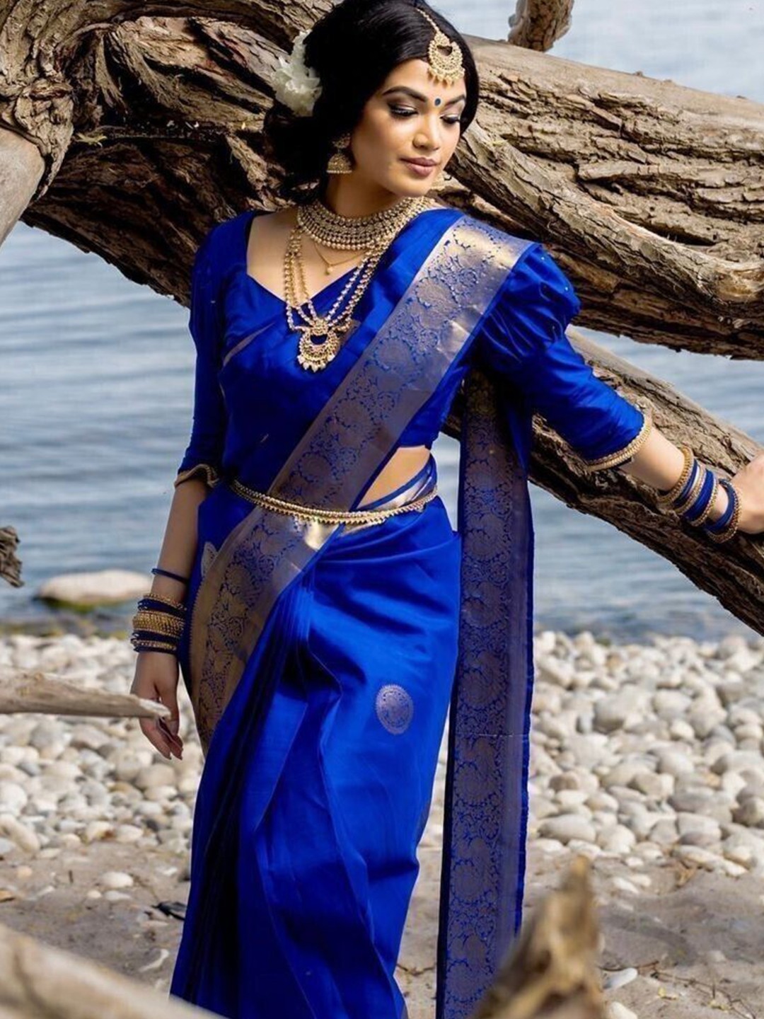 

Upalksh Ethnic Motifs Woven Design Zari Pure Cotton Kanjeevaram Saree, Blue