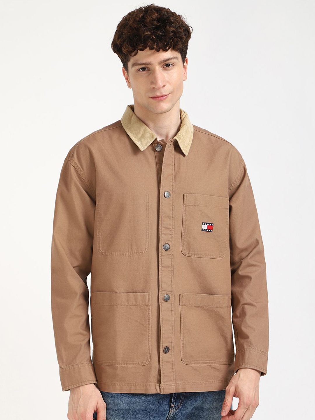 

Tommy Hilfiger Men Solid Spread Collar Oversized Cotton Shacket, Brown