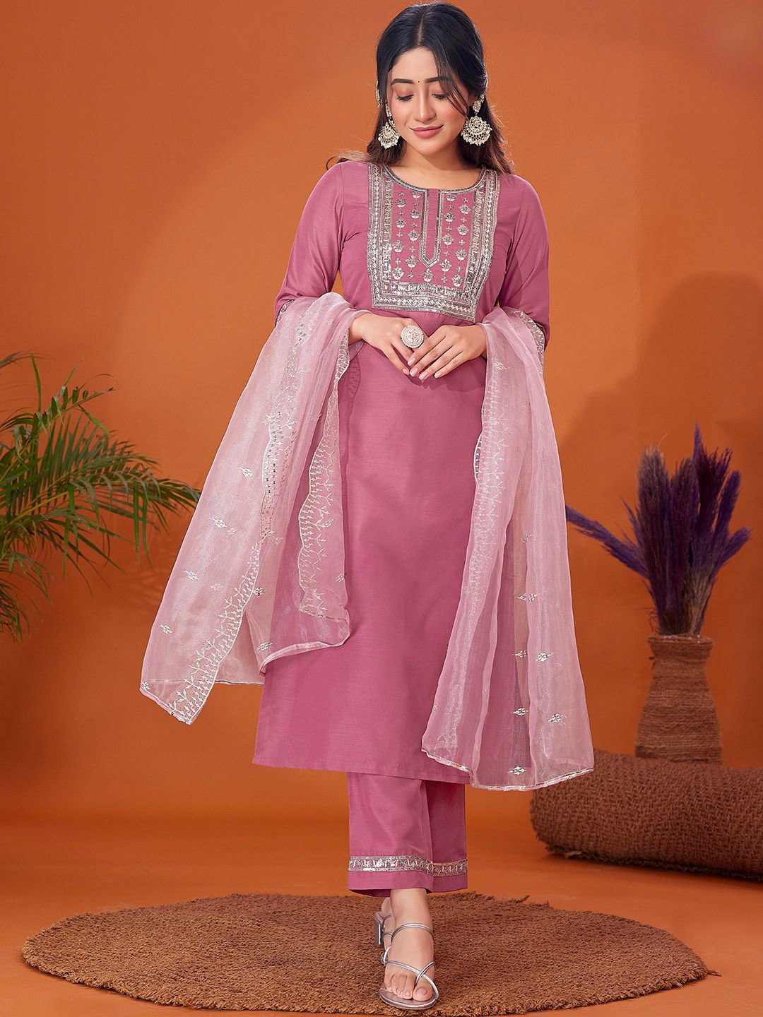 

KALINI Ethnic Motifs Embroidered Cotton Blend Straight Kurta With Trousers And Dupatta, Pink