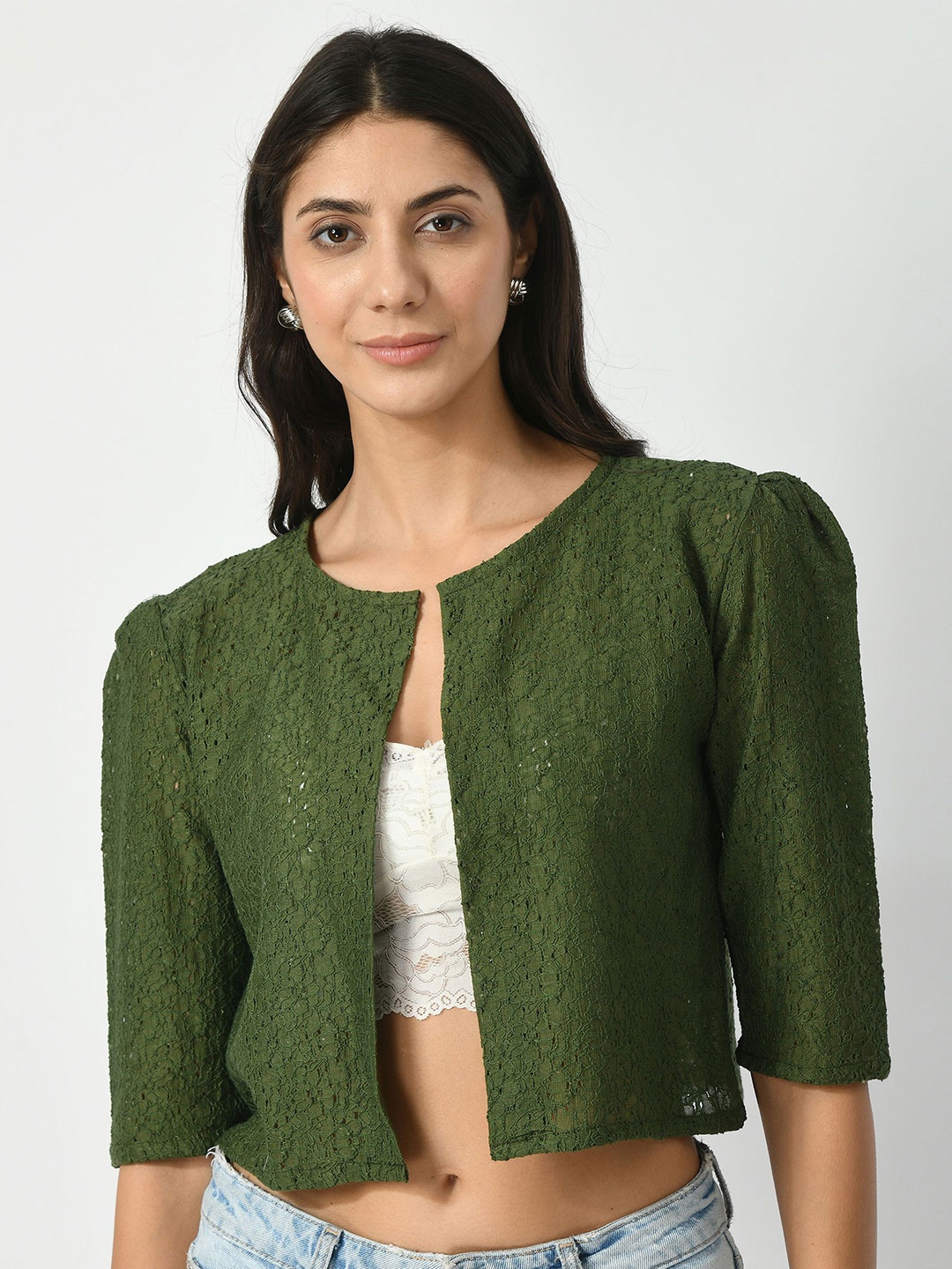 

RAYWARE Women Printed Crop Shrug, Green