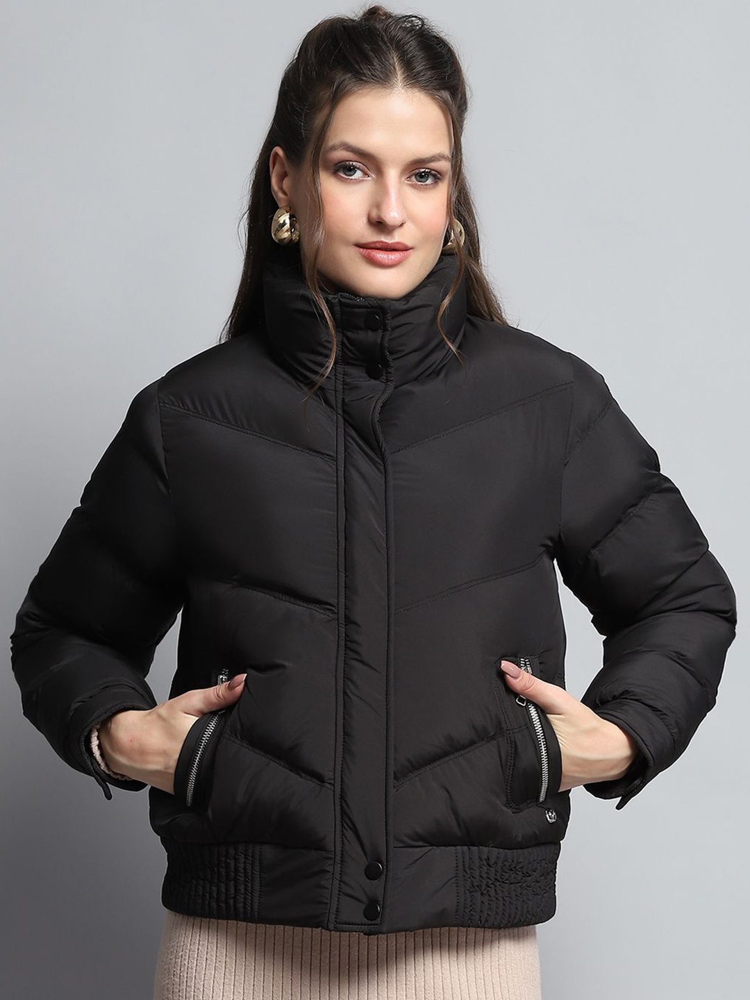 

Monte Carlo Women Solid Mock Collar Long Sleeves Lightweight Puffer Jacket, Black