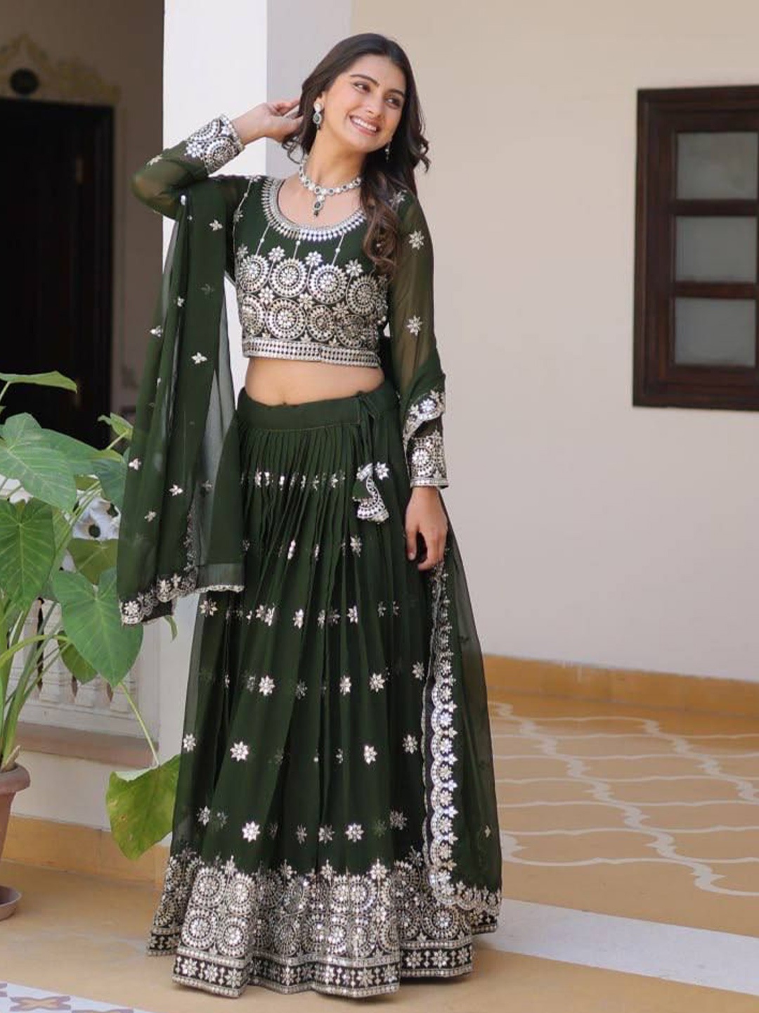 

KALINI Embroidered Thread Work Ready to Wear Lehenga & Blouse With Dupatta, Green