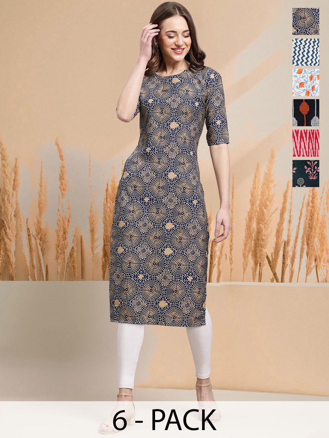 

7Threads Selection Of 6 Geometric Printed Round Neck Straight Kurtas, Navy blue