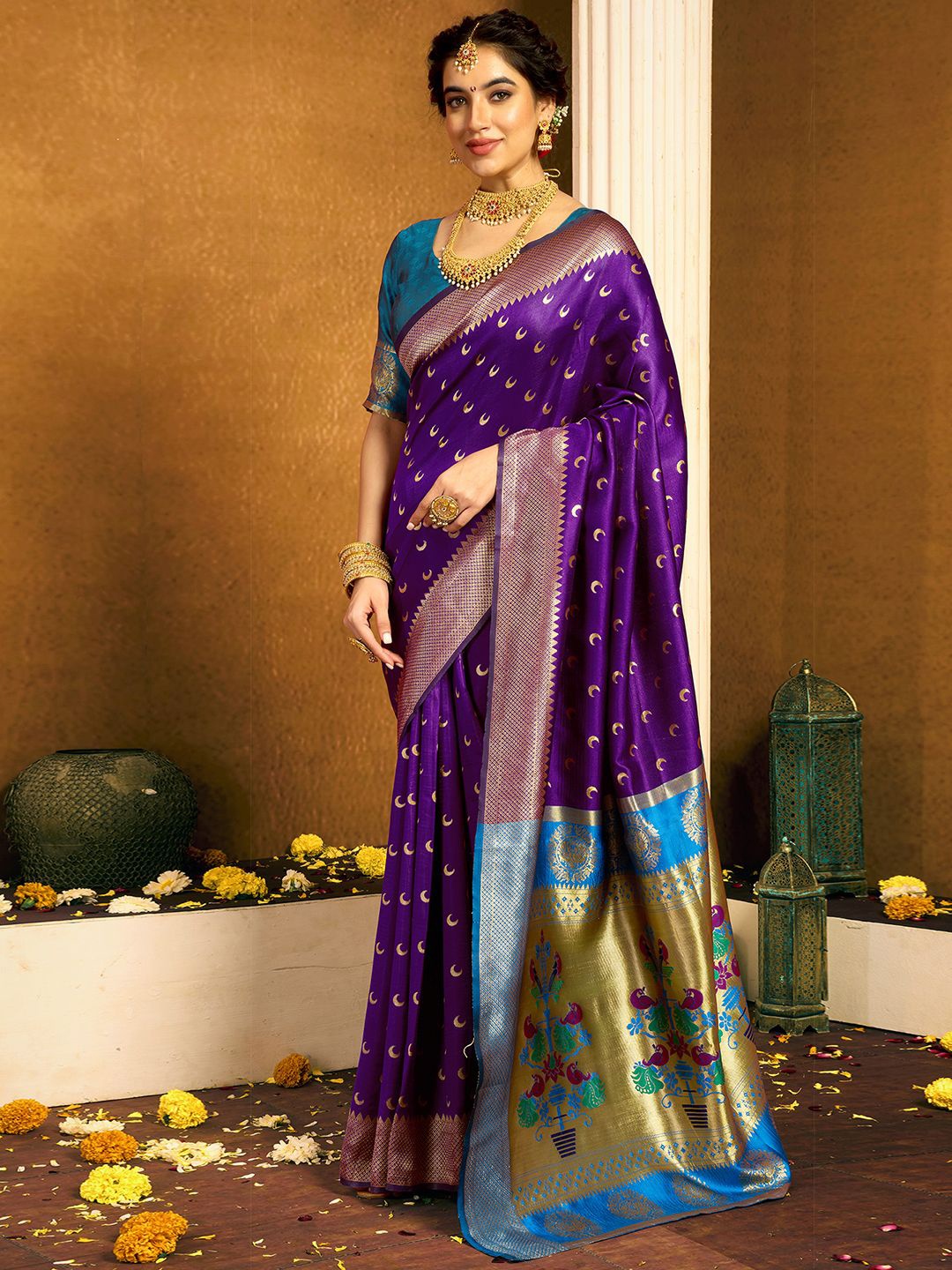 

KALINI Ethnic Motifs Woven Design Zari Paithani Saree, Purple