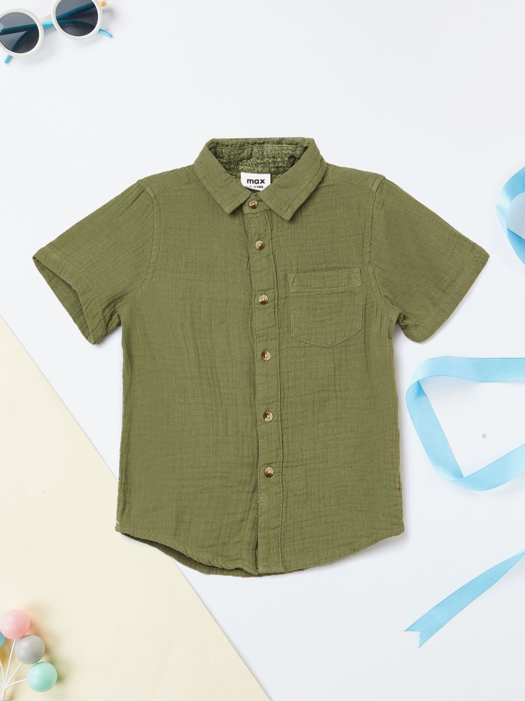 

max Boys Spread Collar Textured Cotton Casual Shirt, Olive