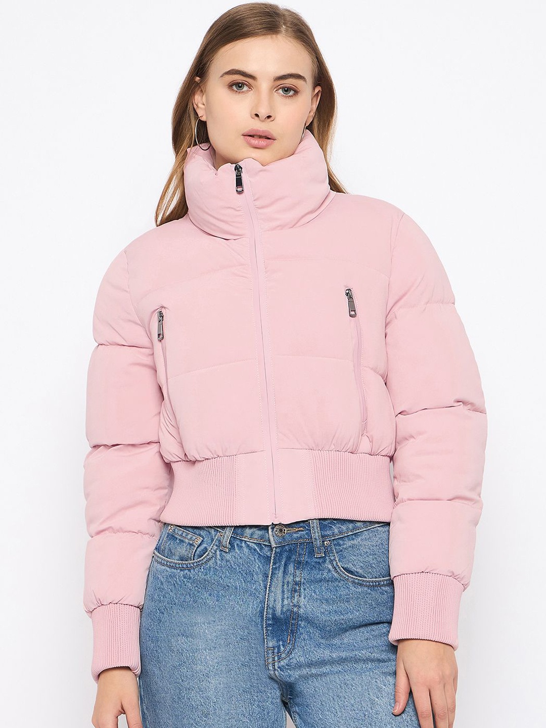 

Madame Women Solid Long Sleeves Crop Puffer Jacket, Pink