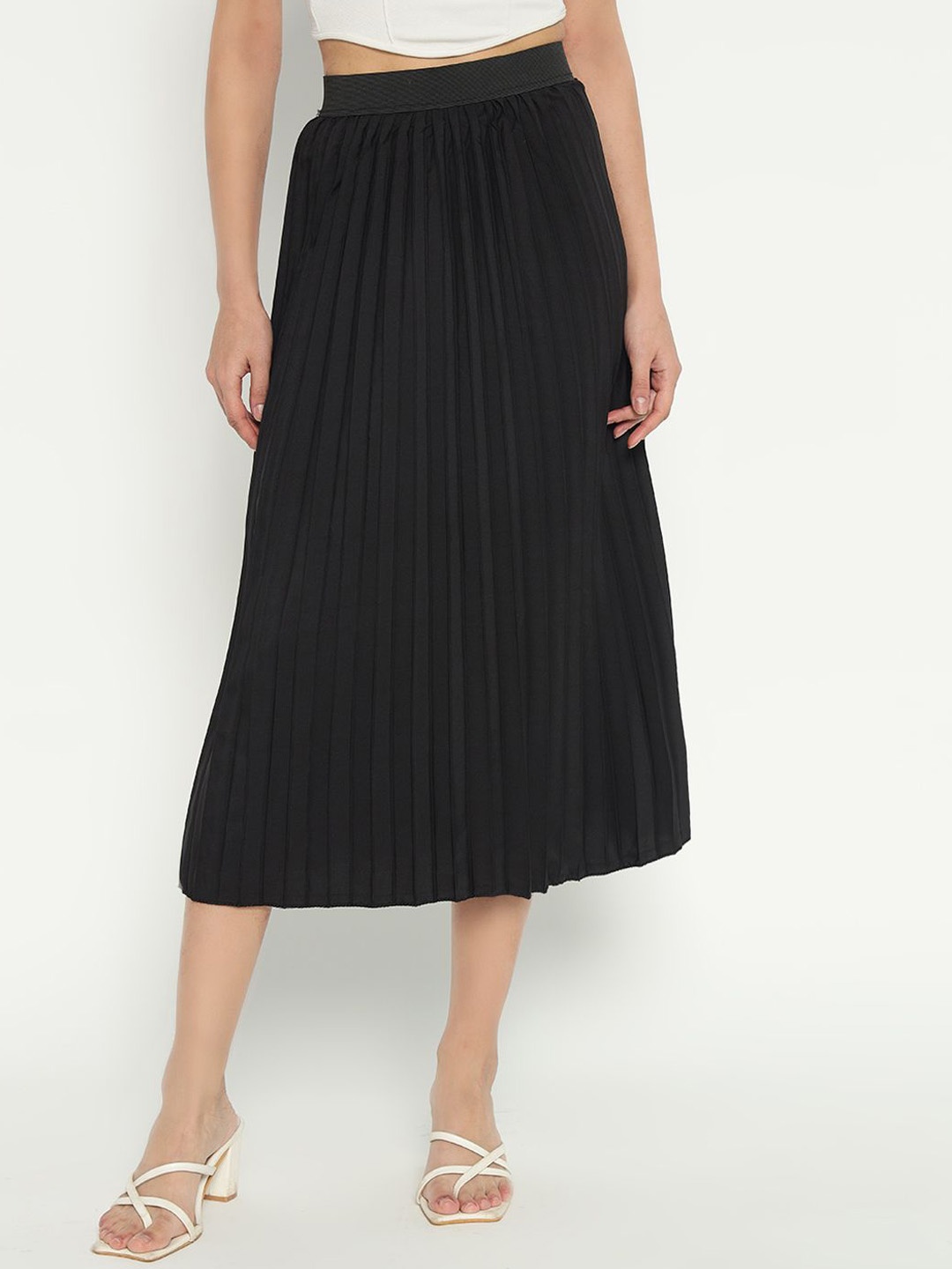 

Femvy Women Pleated Midi A-Line Skirt, Black