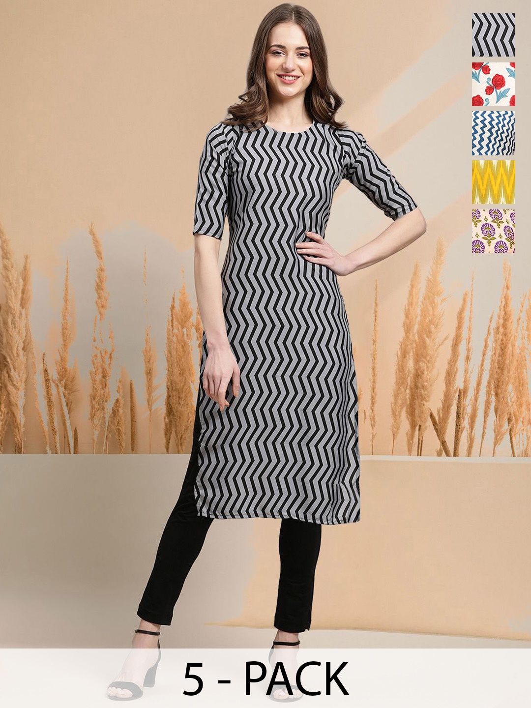 

7Threads Selection Of 5 Chevron Printed Round Neck Straight Kurtas, Grey