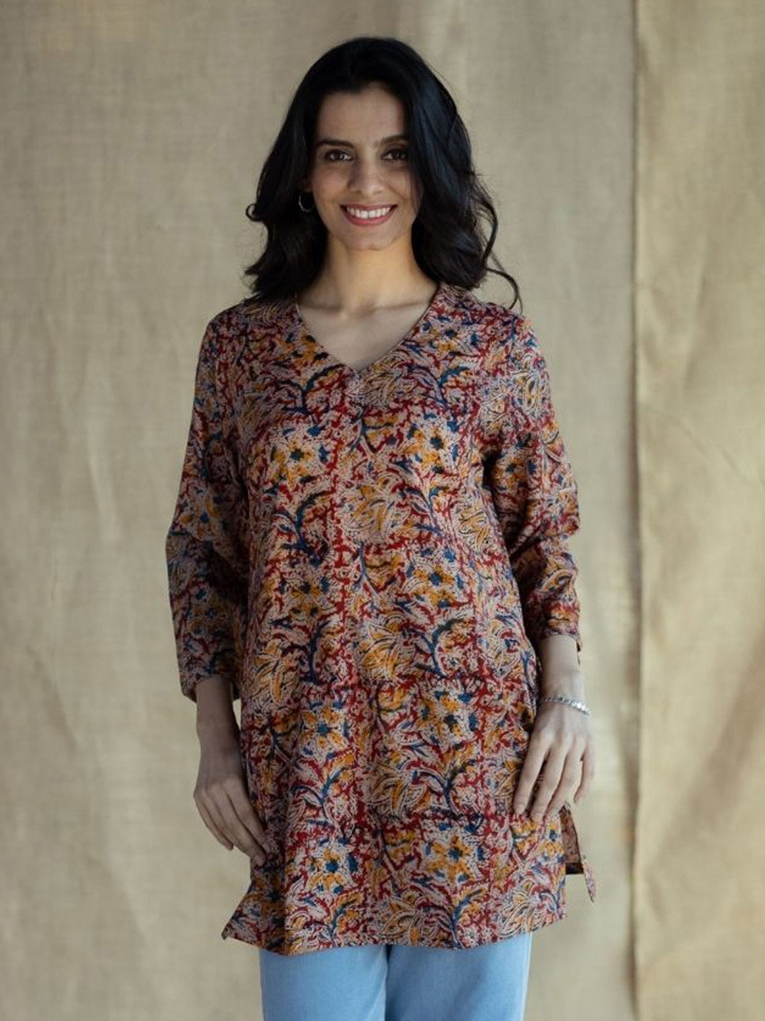 

THE INDIAN ETHNIC CO Floral Print Cotton Top, Brown