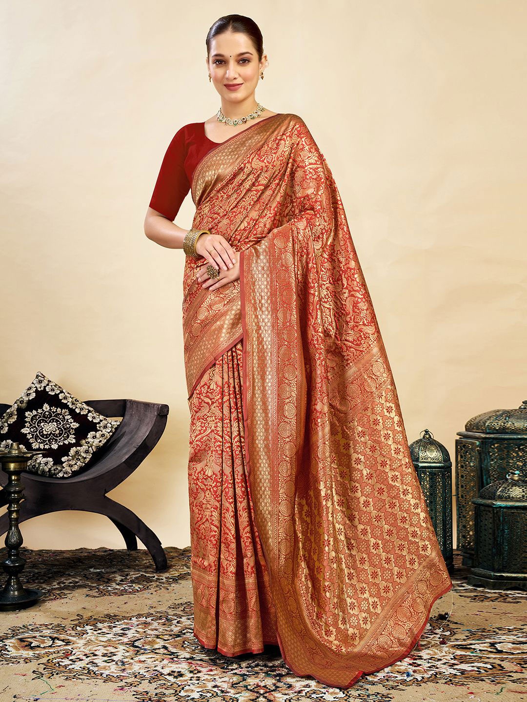 

KALINI Woven Design Zari Banarasi Saree, Orange