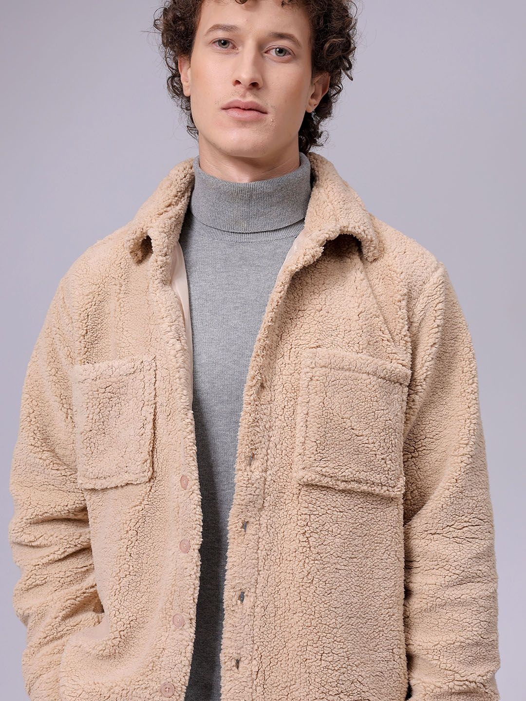 

The Indian Garage Co Men Fleece Regular Fit Casual Winter Overshirt, Beige