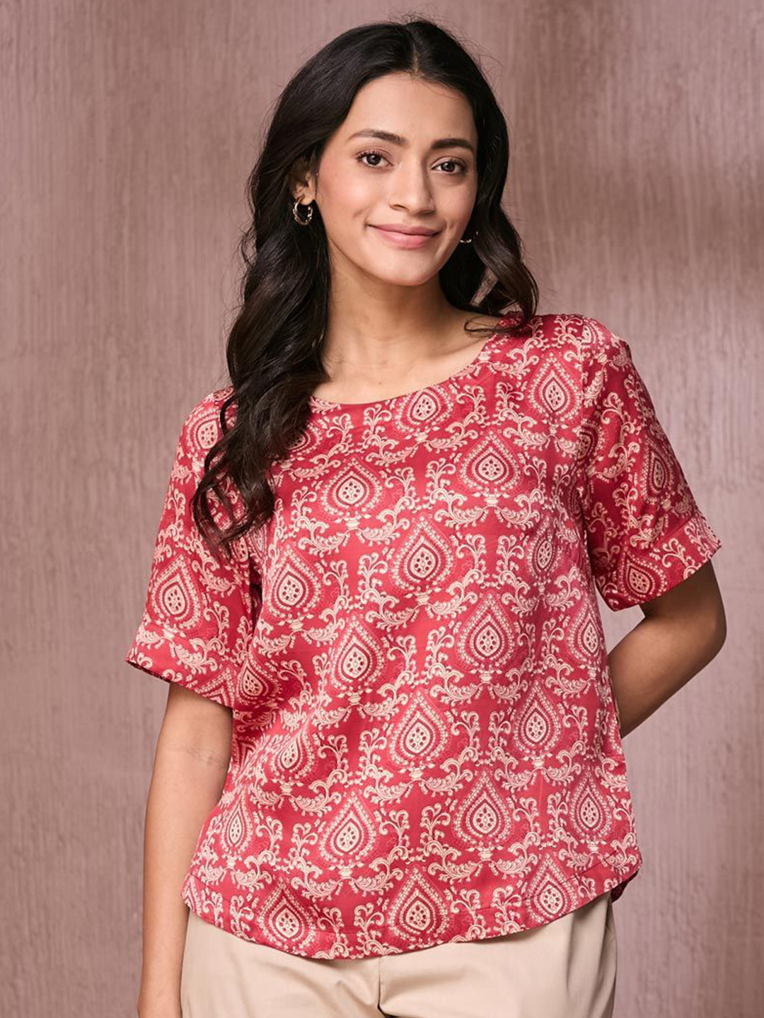 

Fabindia Women Ethnic Motifs Printed Top, Red