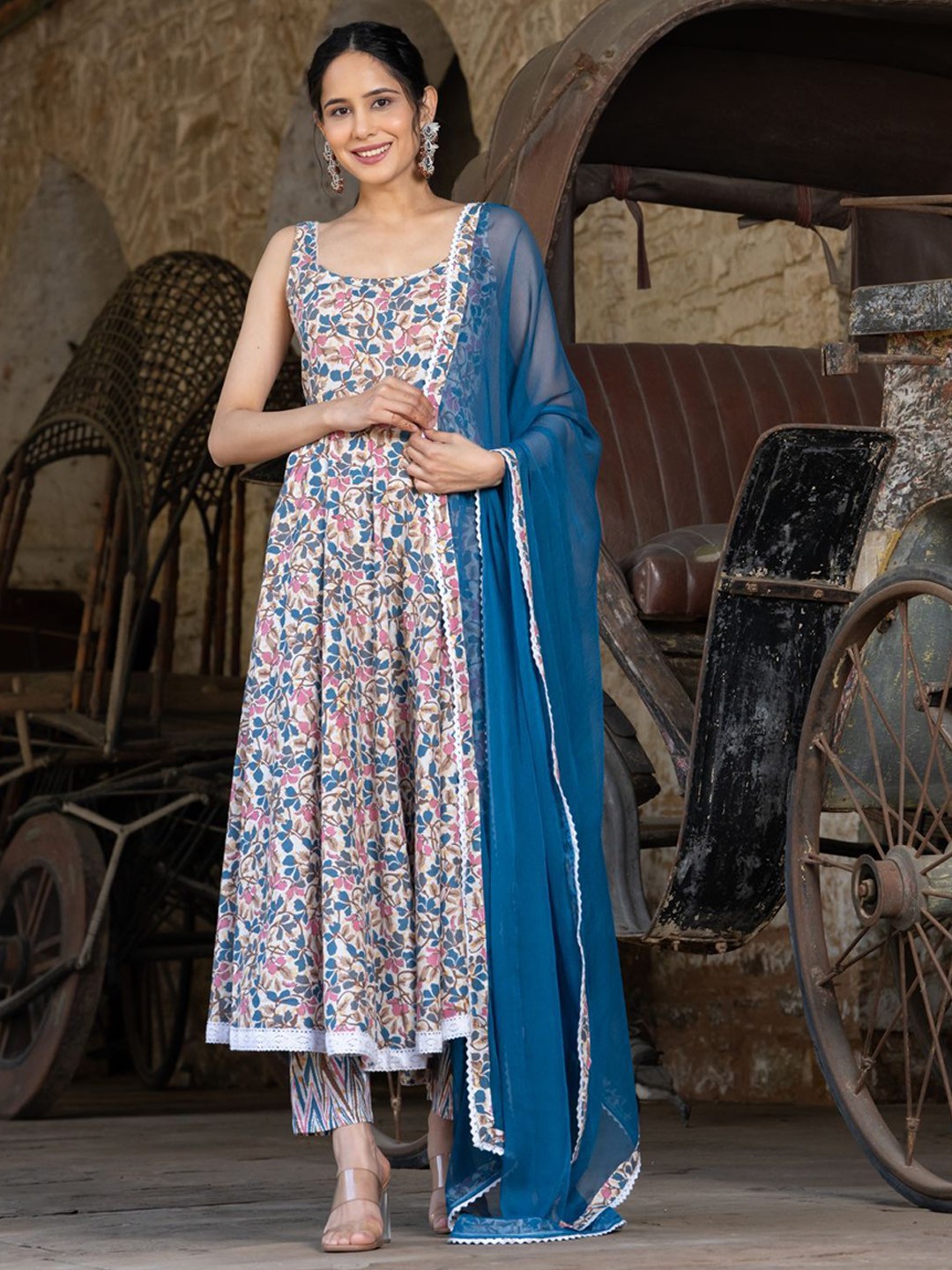 

Anni Designer Floral Printed Anarkali Kurta with Trousers and Dupatta, Blue
