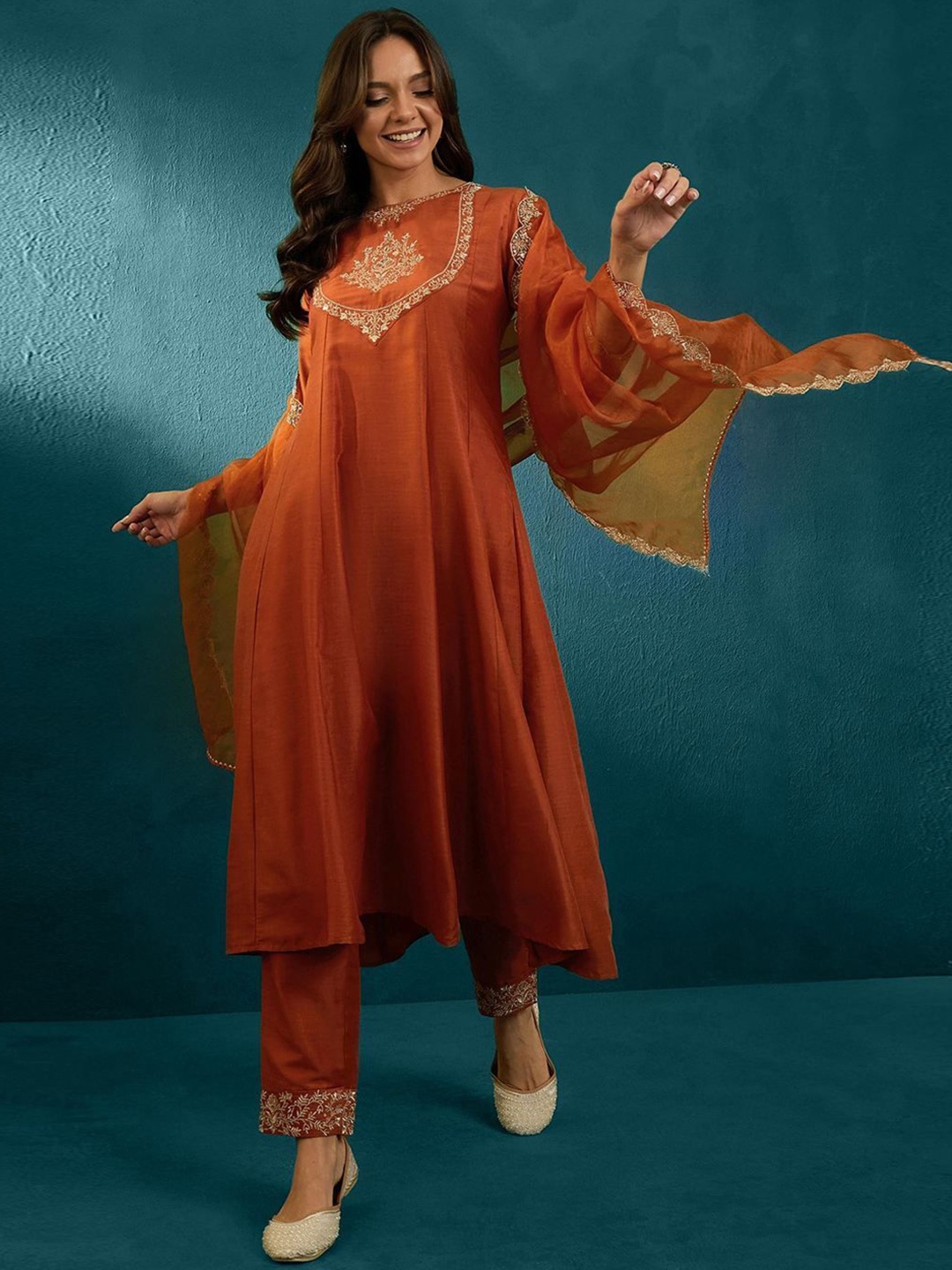 

Fashion Ritmo Panelled Floral Embroidered A-Line Kurta With Trousers And Dupatta, Orange