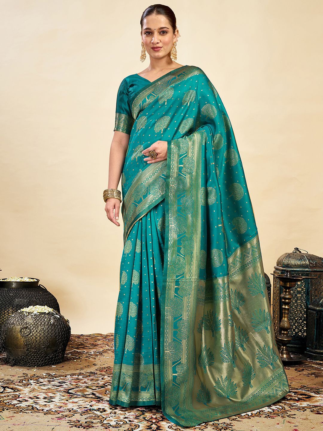 

KALINI Ethnic Motifs Woven Design Banarasi Saree, Teal