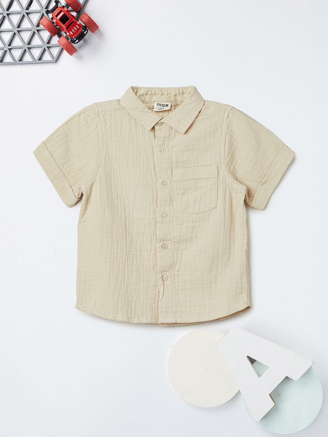 

max Boys Spread Collar Textured Cotton Casual Shirt, Beige