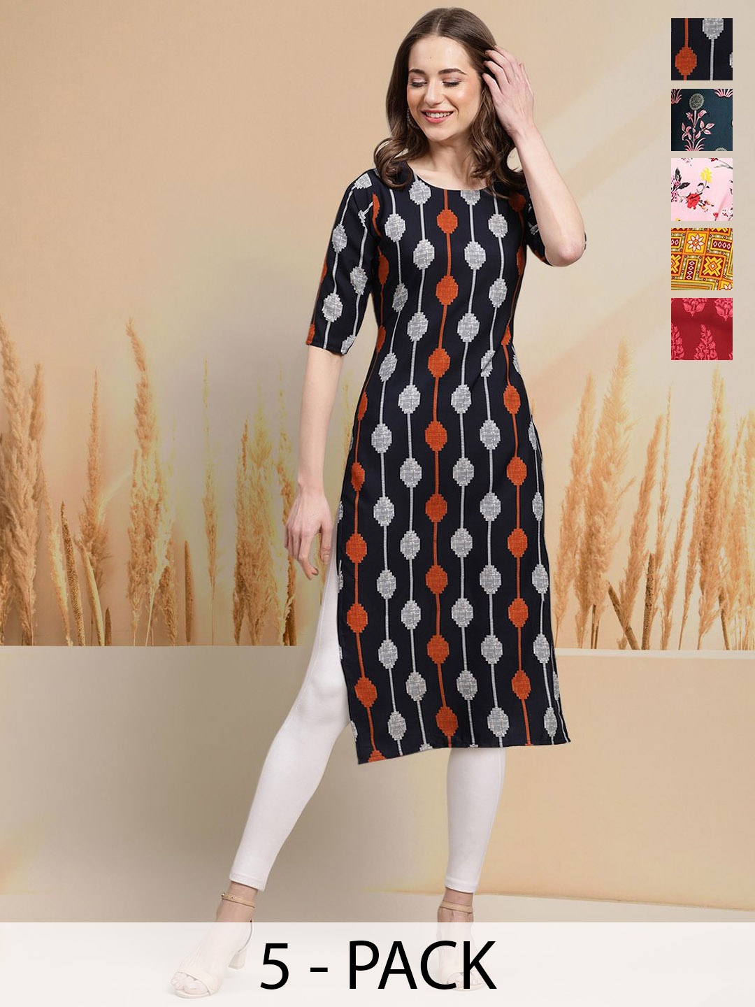 

7Threads Selection of 5 Geometric Printed Round Neck Straight Kurtas, Black