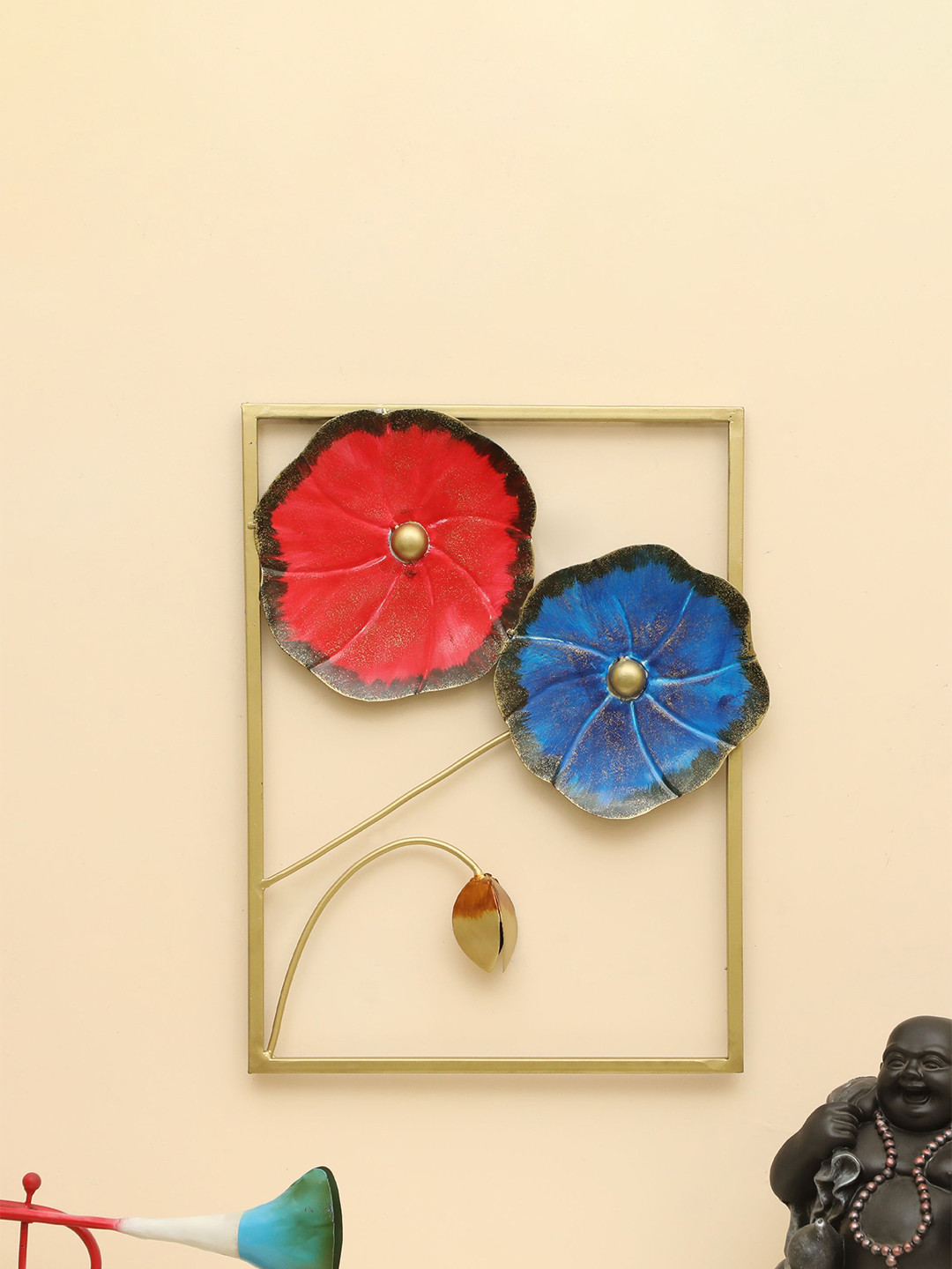 

vedas Mystic Indiana Gold Toned & Red Textured Metal Pori Flowers Wall Decor