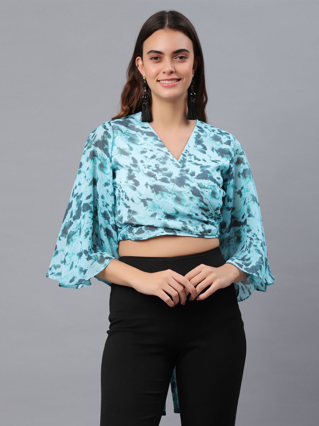 

DressBerry Women Printed Bell Sleeve Chiffon Crop Top, Blue