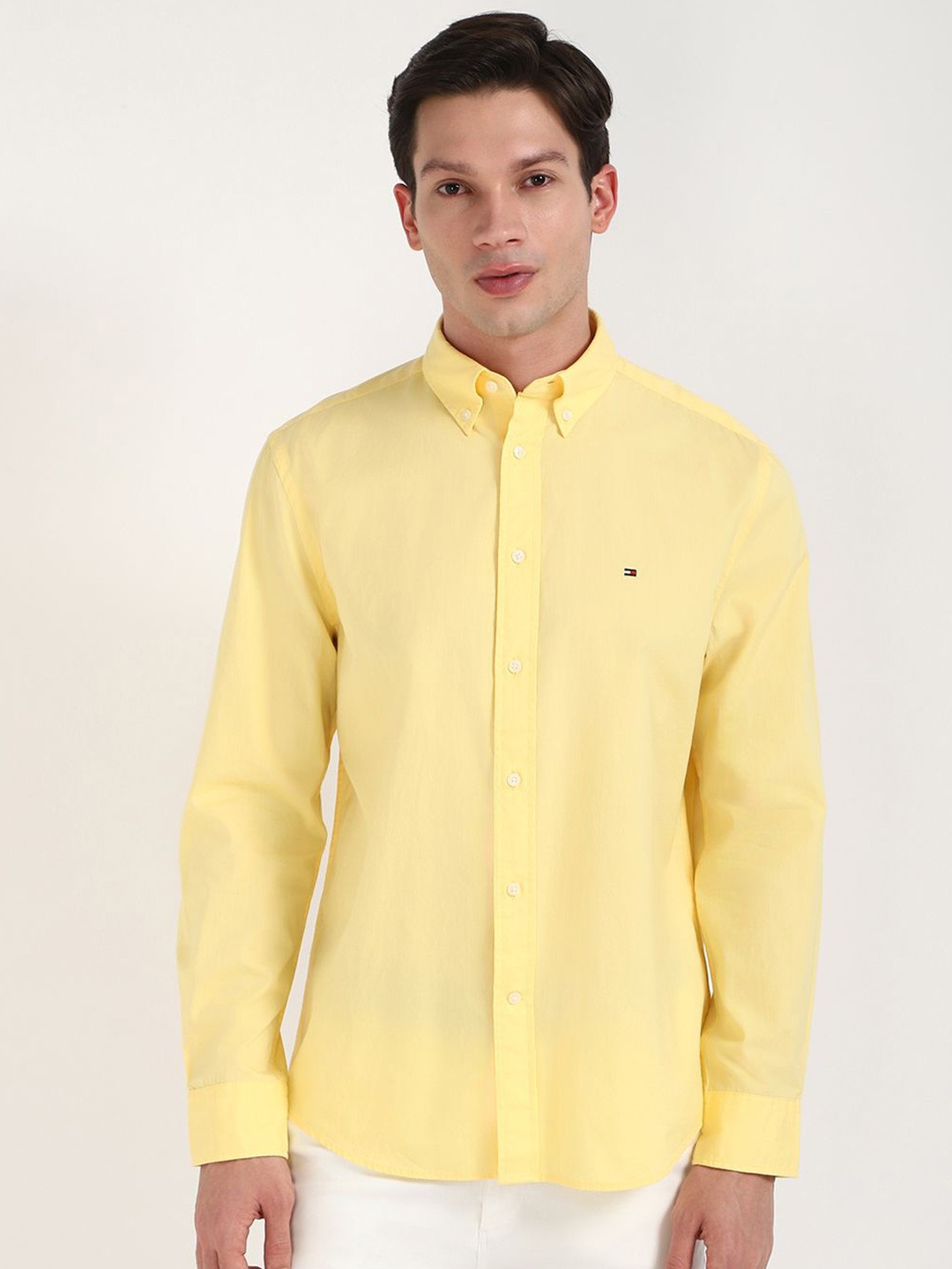 

Tommy Hilfiger Men Button-Down Collar Solid Cotton Casual Shirt, Yellow